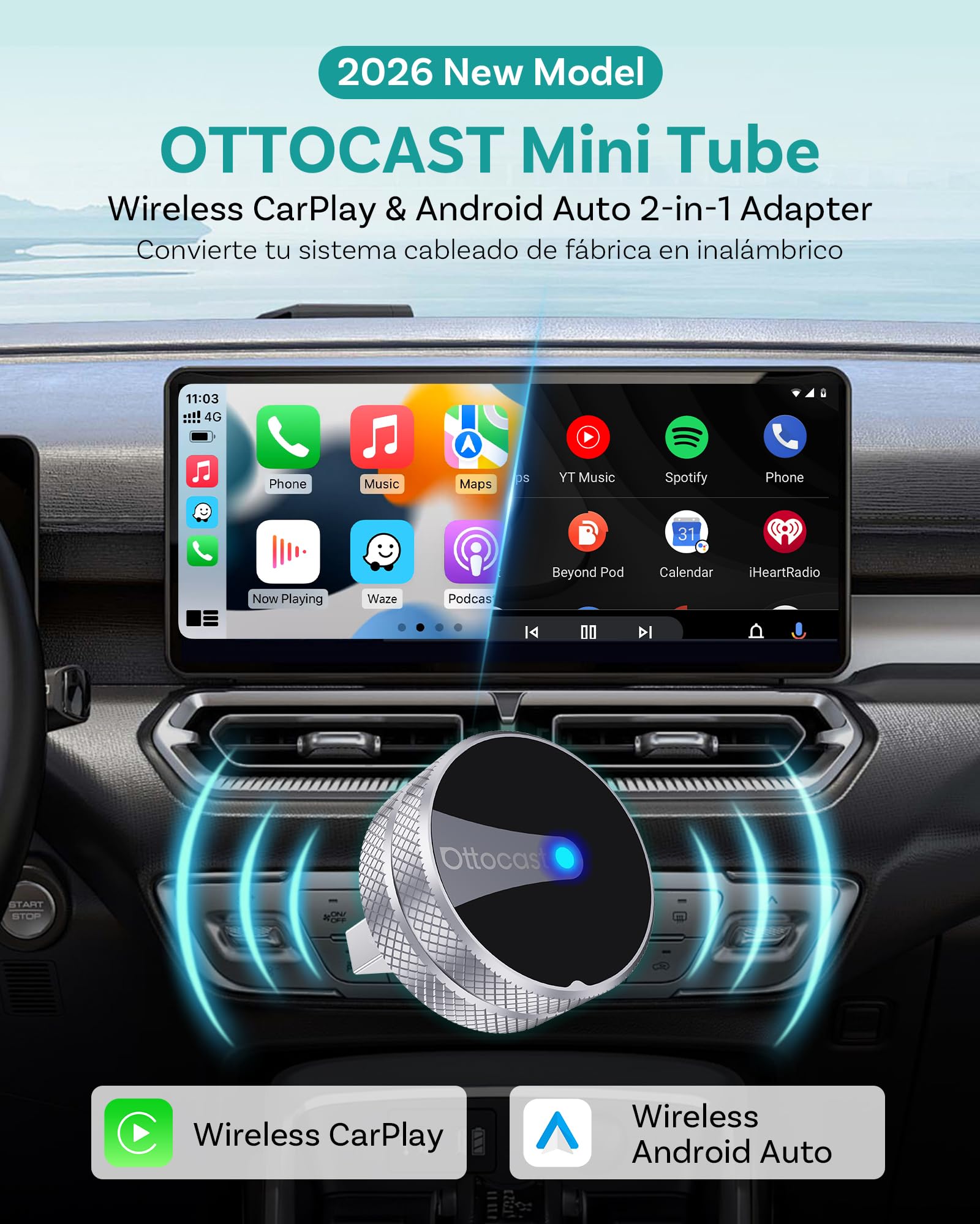 2026 OTTOCAST Mini Tube Adaptador Wireless CarPlay & Android Auto, | Convierte el Sistema con Cable en Inalámbrico, Plug & Play, Reconexión Automática, Actualizaciones OTA