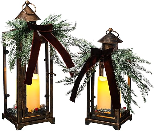 Baquler 2 faroles de metal para velas de Navidad y velas LED falsas de 12 y 15 pulgadas, faroles decorativos con adorno de Navidad para porche,