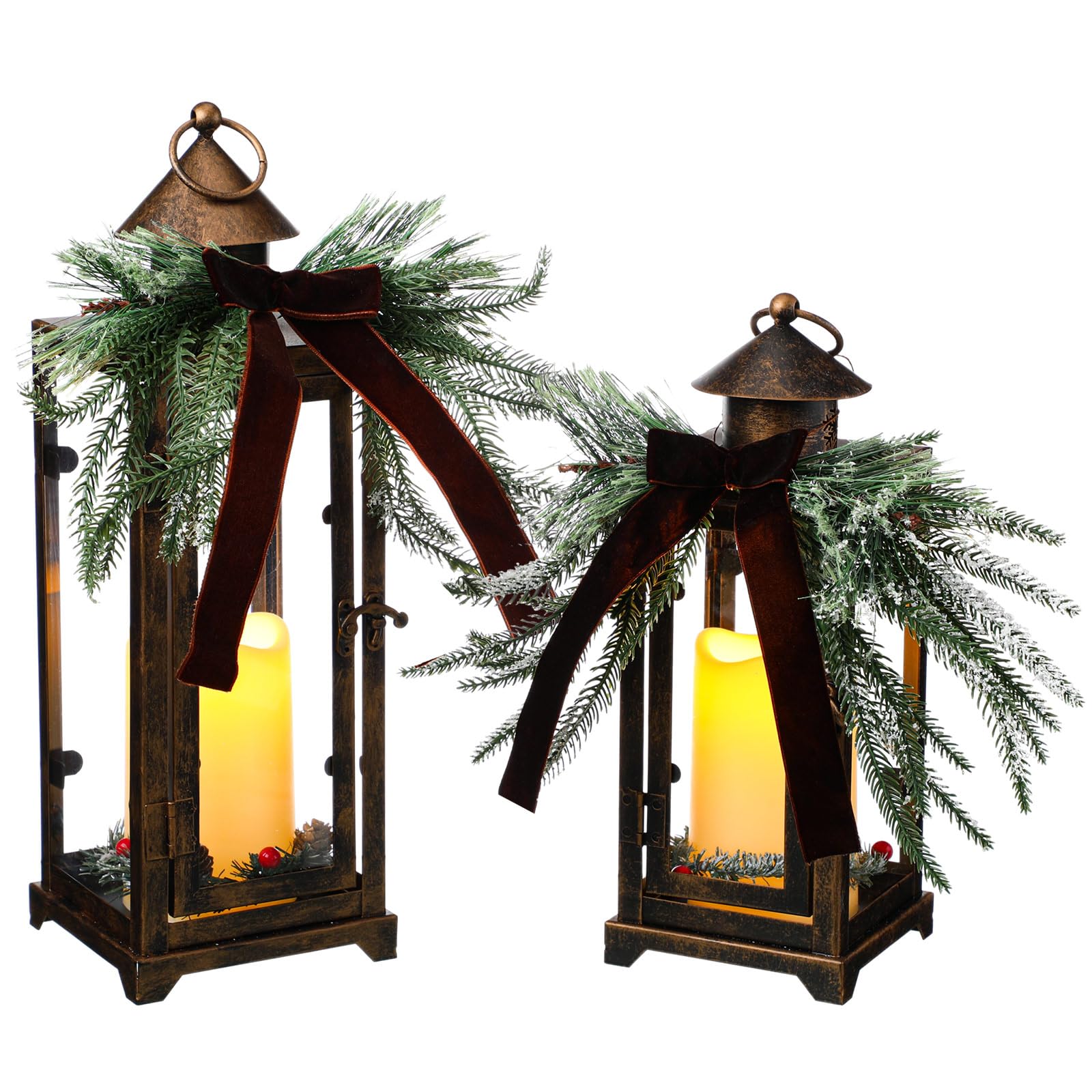 Baquler 2 faroles de metal de Navidad y velas LED falsas de 12 y 15 pulgadas, faroles decorativos con adorno de Navidad para porche, decoración interior al aire libre, regalo de fiesta (bronce)