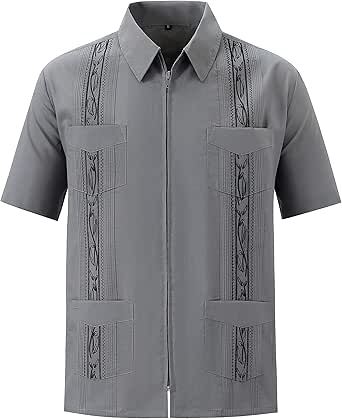 Men's Short Sleeve Guayabera Shirts for Men Cuban Zipper Casual Cotton Beach Tops with Pockets