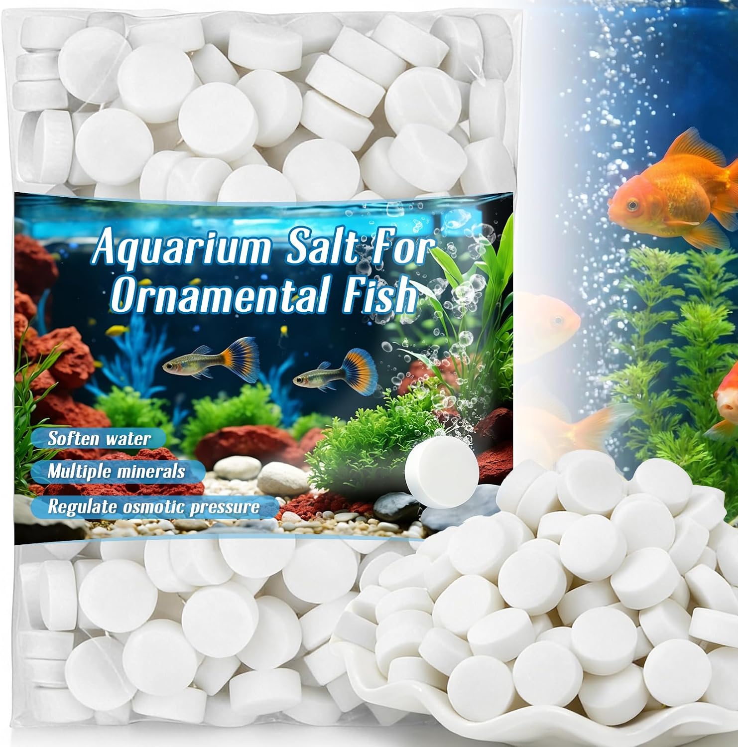 MAQIHAN 150 Tablets Aquarium Salt Freshwater - Salt for Aquarium, Fish Tank Salt, Pond Salt Tablets Natural Mineral Sea Salt Formula for Freshwater Fish, Koi Pond, Goldfish & Betta Tank Water Care