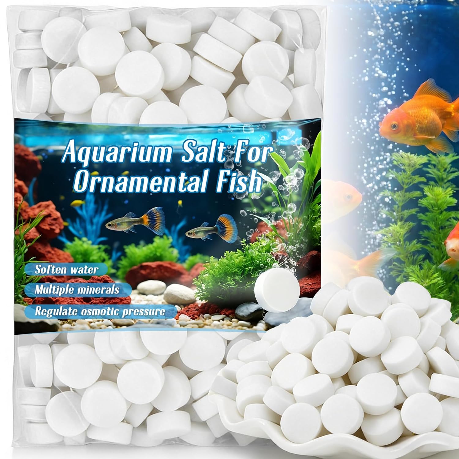 MAQIHAN 150 Tablets Aquarium Salt - Aquarium Salt Freshwater for Freshwater Tank Koi Pond Salt for Koi Fish, Goldfish, Guppies, Mollies, Scats, Monos