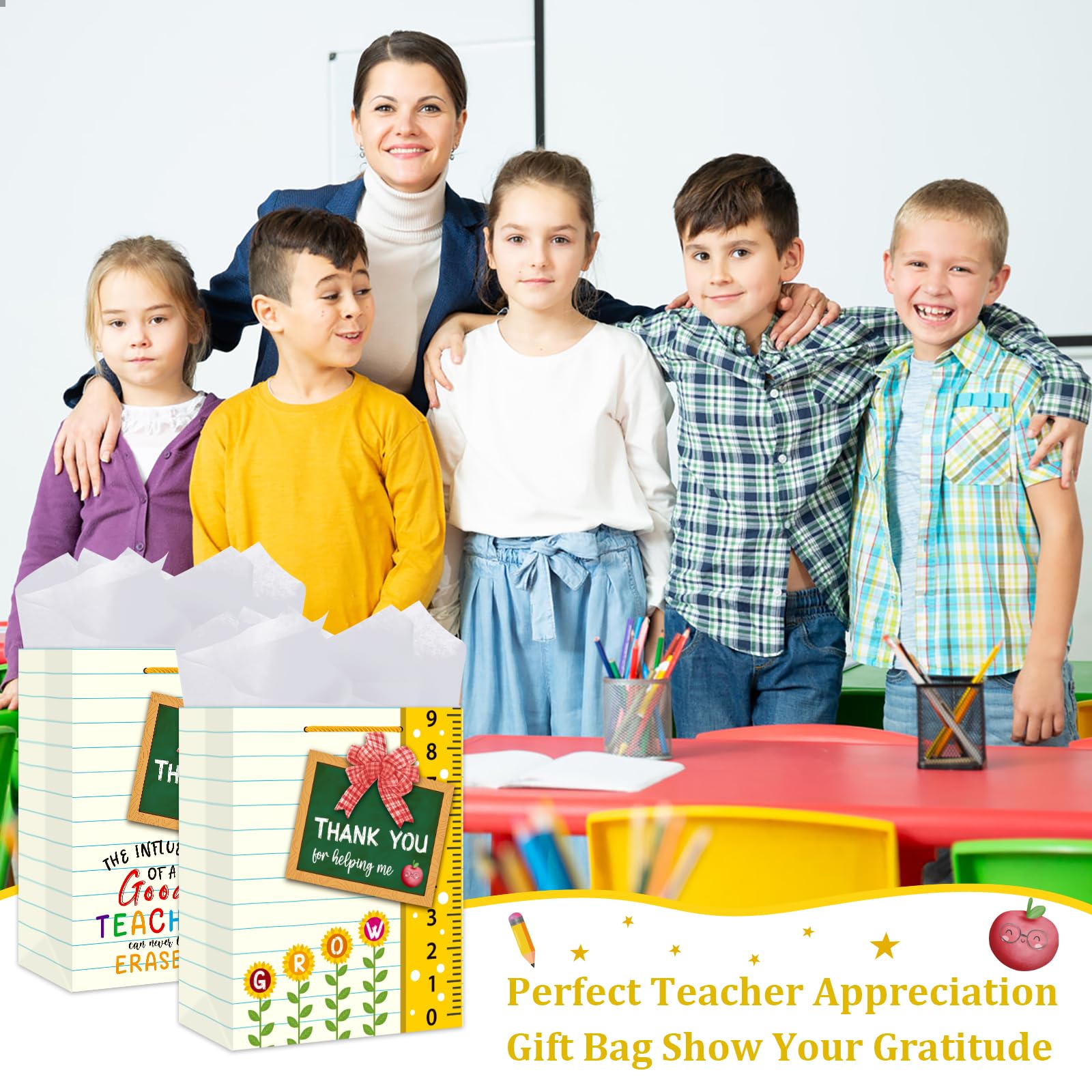 BIZIBAFF Teacher Appreciation Gift Bag - 13" Large Teacher Gift Bag with Tissue Paper and Handle Thank You Teachers Retirement Gifts Bag Graduation End of Year Gift for Teachers Appreciation