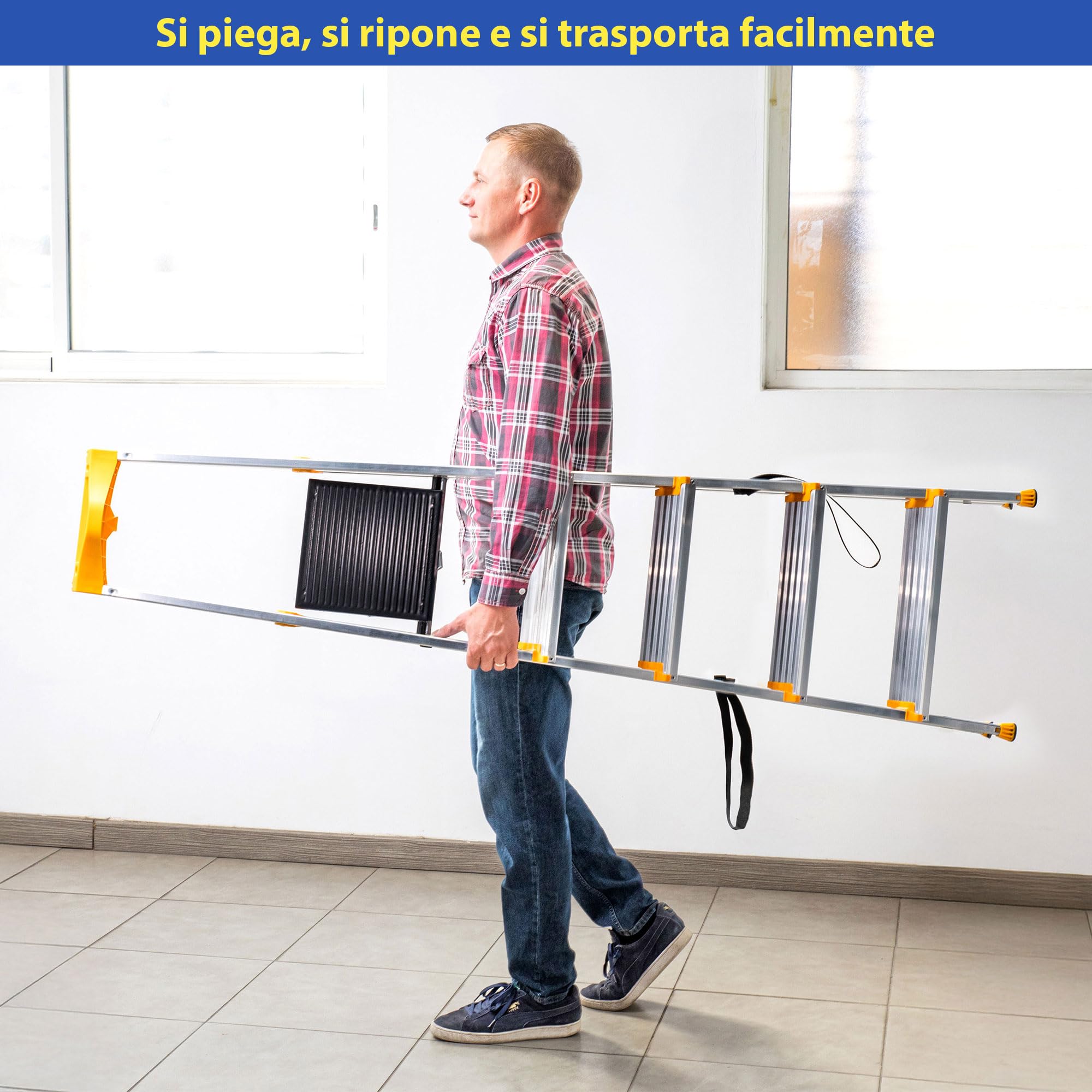 HOSTRÖM Scala 5 gradini in alluminio, sgabello pieghevole con porta-attrezzi, gradini larghi 12 cm, uso domestico e professionale, garanzia 5 anni.