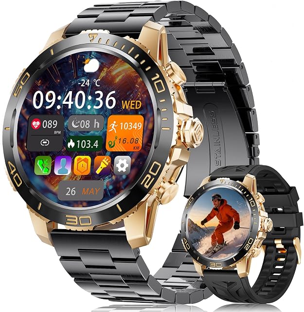 BENYAR SMART Smart Watches for Men Answer/Make Call, 1.43" AMOLED/800mAh Battery/LED Flashlight Military Smartwatch, 200+ Sports Modes IP68 Waterproof Fitness Tracker for Android iOS Black Gold