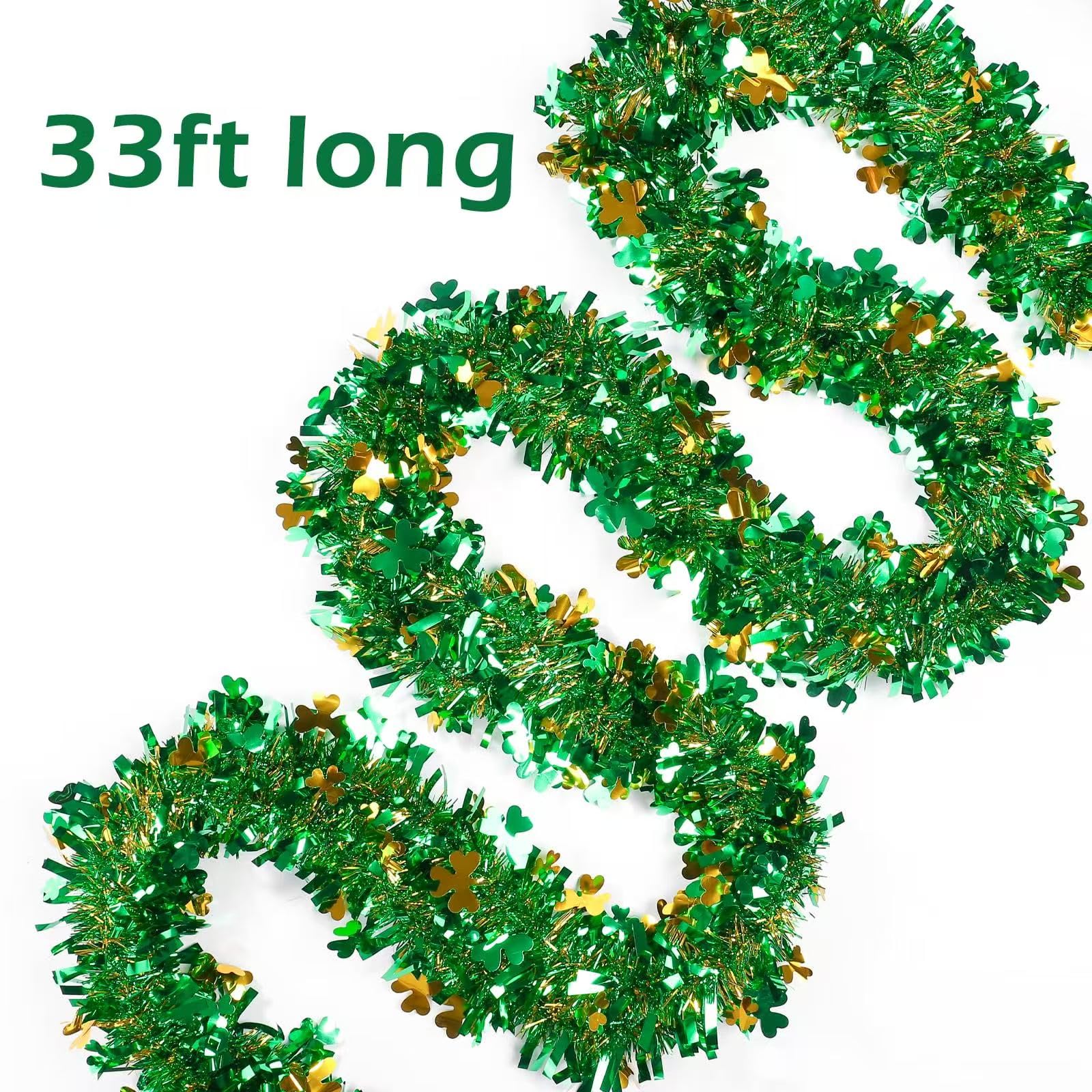 33ft St. Patrick's Day Tinsel Garland with Shamrock Confetti Green Gold Metallic Tinsel Twist Garland Shamrock Hanging Garland Decoration for St. Patrick's Door Tree Mantel Party Supplies