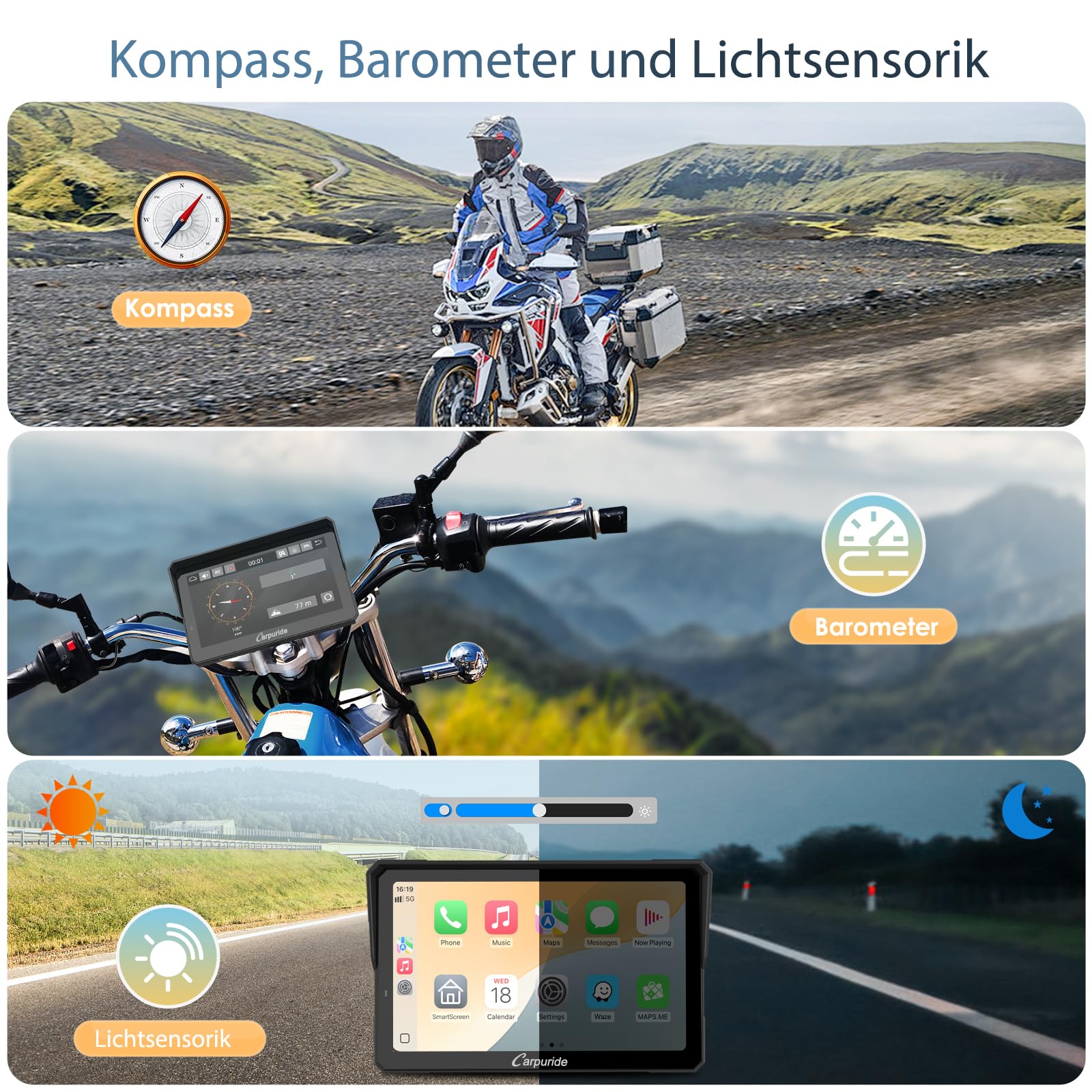 Carpuride W702T Pro Motorrad Carplay Bildschirm mit TPMS System, Kabellos CarPlay & Android Auto, Tragbar 7" Wasserdicht Touchscreen, Dual Bluetooth, Gegensprechfunktion, Navi, Kompass, Barometer.