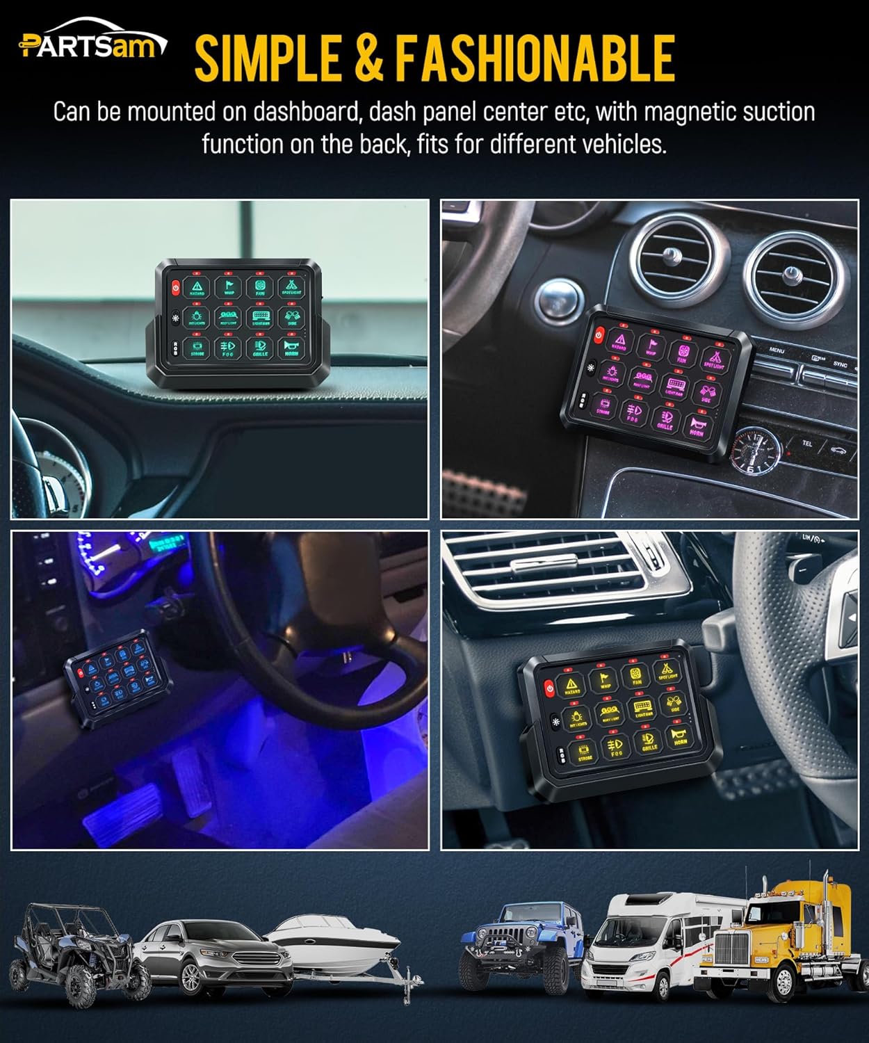 Partsam 265 Ft Wireless RGB 12 Gang Switch Panel Universal Circuit Control Relay System Box Toggle Momentary Strobe Switch Pod w/3 Silicone Button 5 Brightness Levels for Offroad Truck RV ATV UTV Boat