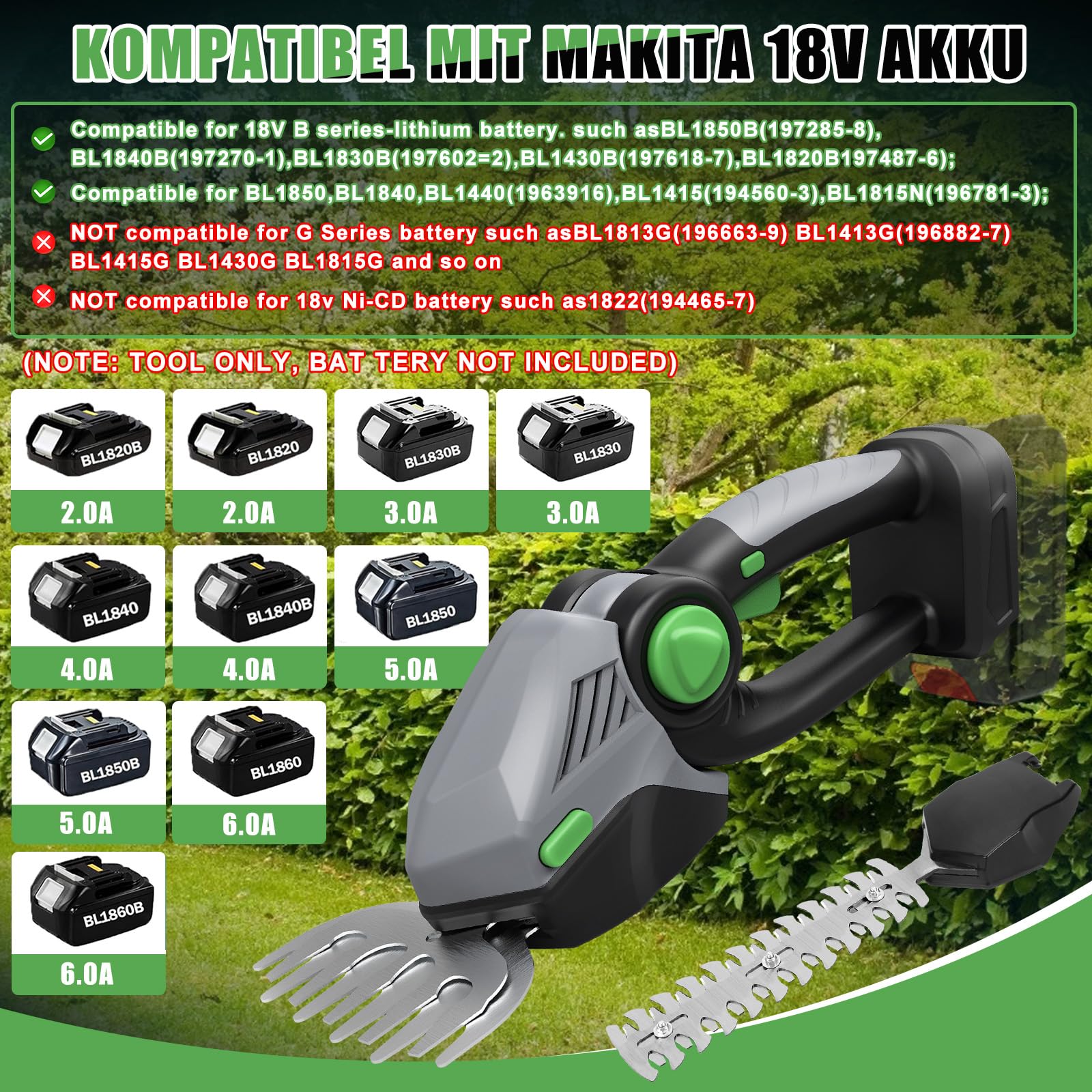 WingFly Tagliasiepi a Tosaerba Batteria Compatibile con Makita 18v, 2 in 1 Taglia Siepe Giardino a Batteria, Tagliasiepi Elettrico (Lunghezza di Taglio 130 mm e 220 mm) - Grigio