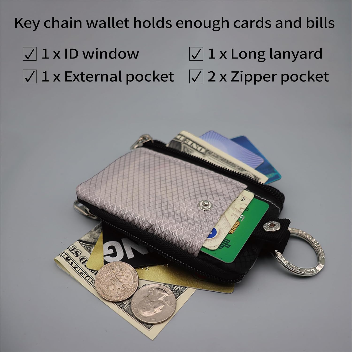 Lanyard with Wallet, RFID Card Wallet with Zipper and ID Holder, Small Water Resistant Wallets with Lanyard Keychain for Men & Women - Black image 2