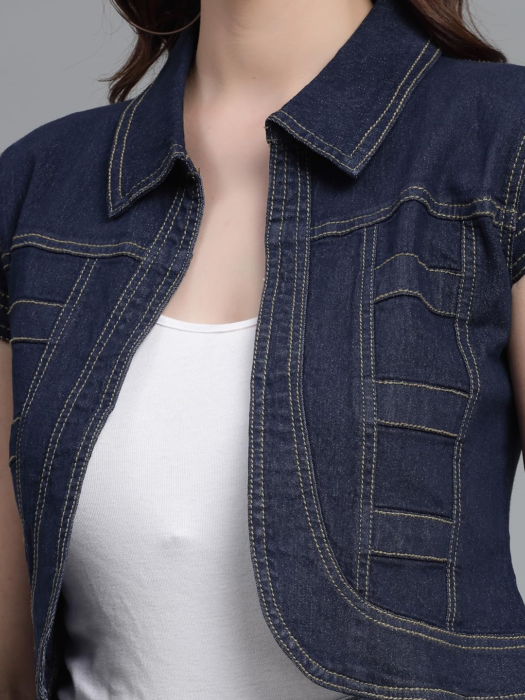 Style Quotient Women Navy Blue Denim Open Front Regular Shrug - Image 2 thumbnail