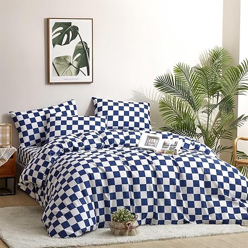 Miniatura 3 de Cottonight Juego de edredón azul real, tamaño Queen, juego de ropa de cama a cuadros con patrón de búfalo azul brillante y blanco, edredón suave