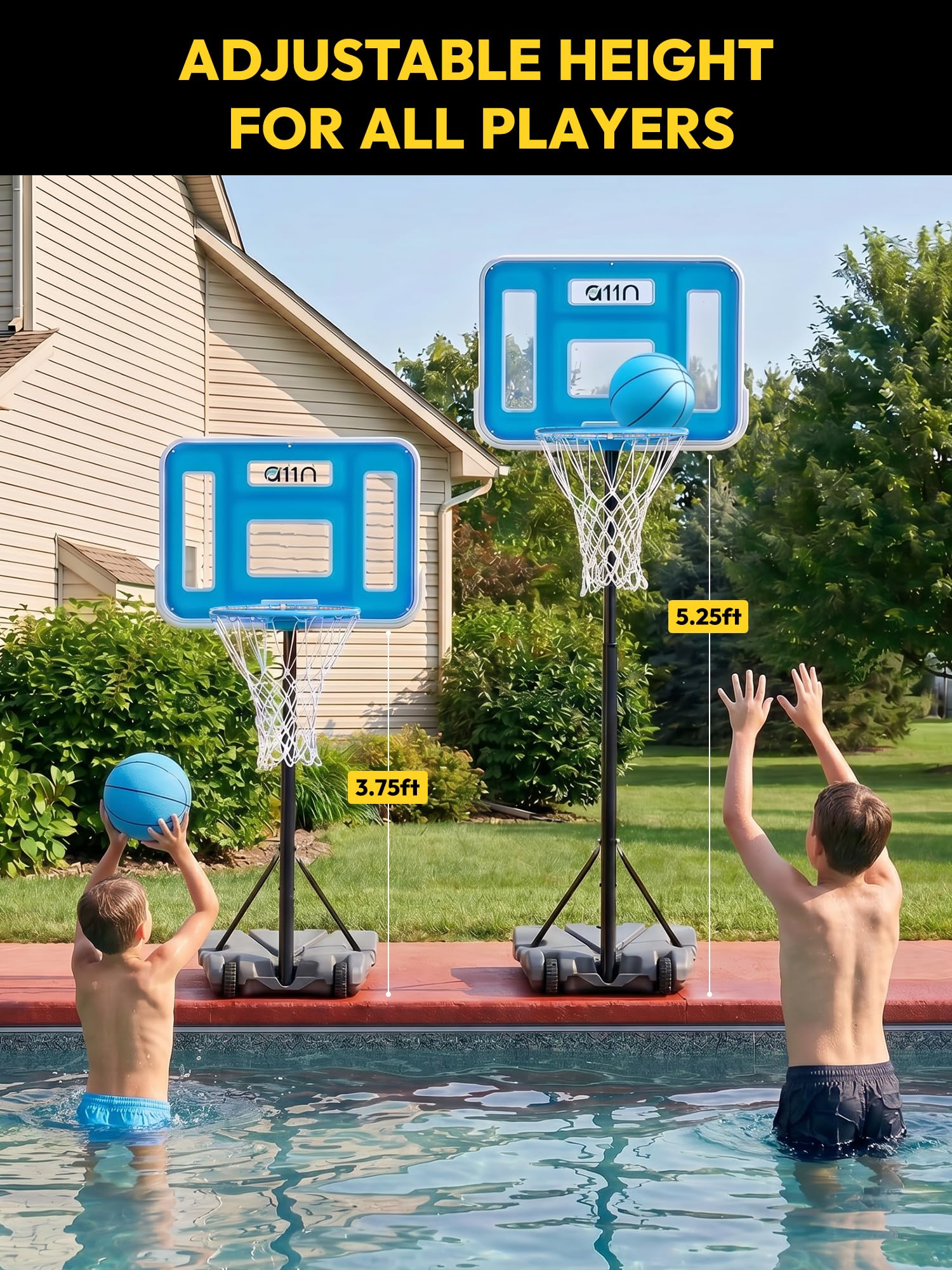 A11N Sports Pool-Basketballkorb mit 41,9 cm LED-Rand, verstellbare Höhe, PET-Rückwand, stabiler Boden, Ball und Pumpe im Lieferumfang enthalten – Wasser-Basketballspiel für Pool-Spielen