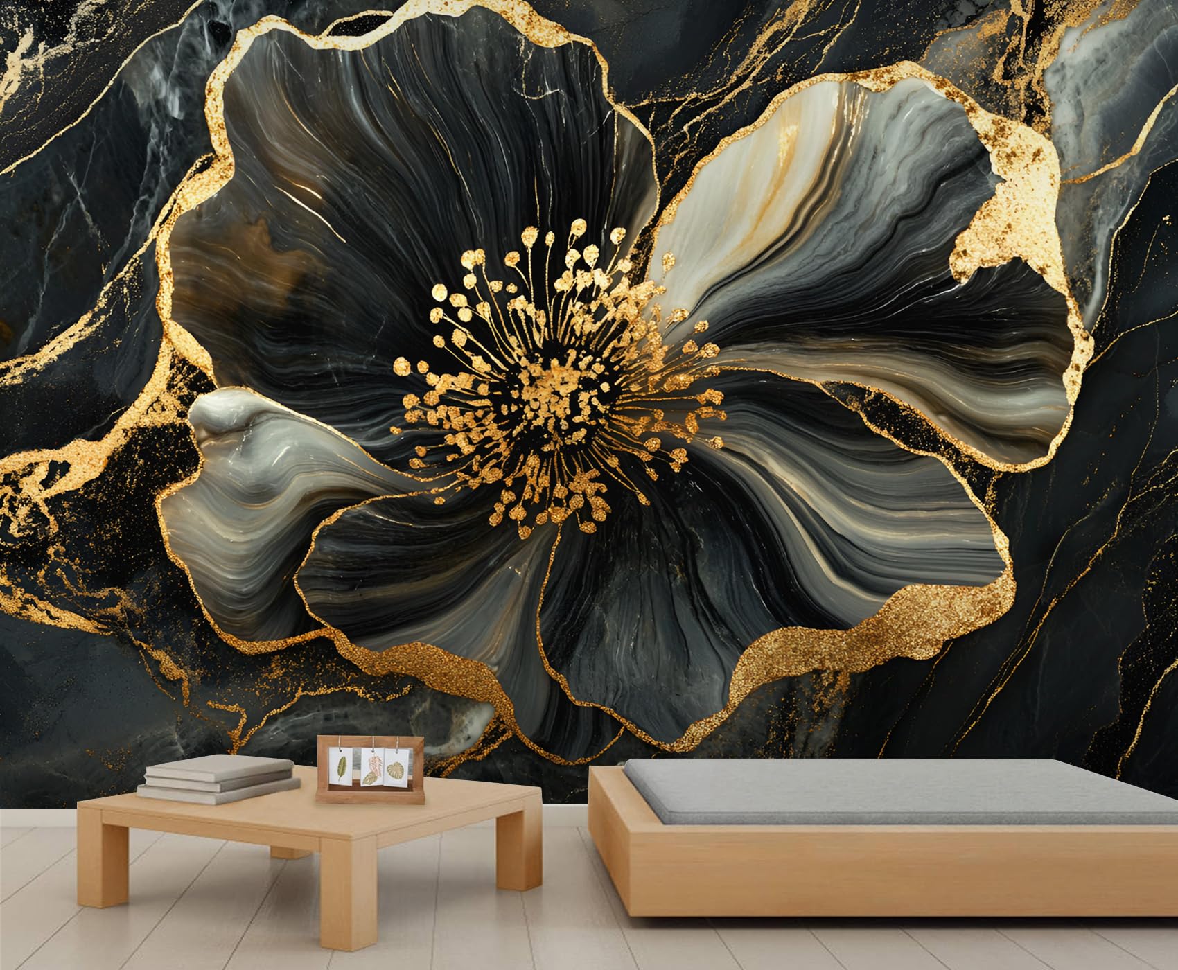 Black Gold Floral Mural 350x254cm Black Gold Marble Mural Wallpaper Contemporary Wallpaper for Living Room Floral Marble Wall Decor (Not Peel n' Stick) — image 1