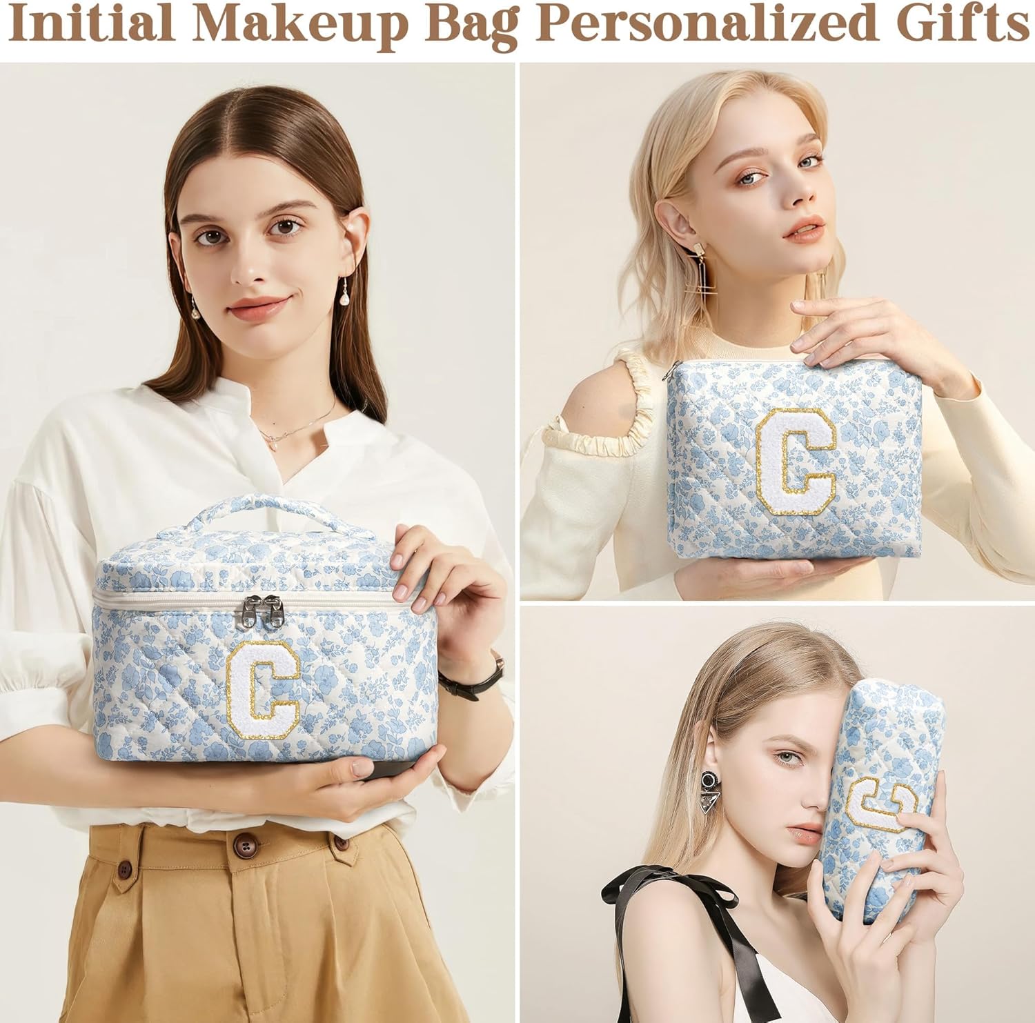 Birthday Gifts for Teen Girl Women, Personalized Initial Makeup Bag Quilted Cosmetic Bag Make Up Bags Travel Toiletry Bags Teen Girl Gifts Trendy Stuff Valentines Day Gift for Wife Mom Daughter Friend - Image 4