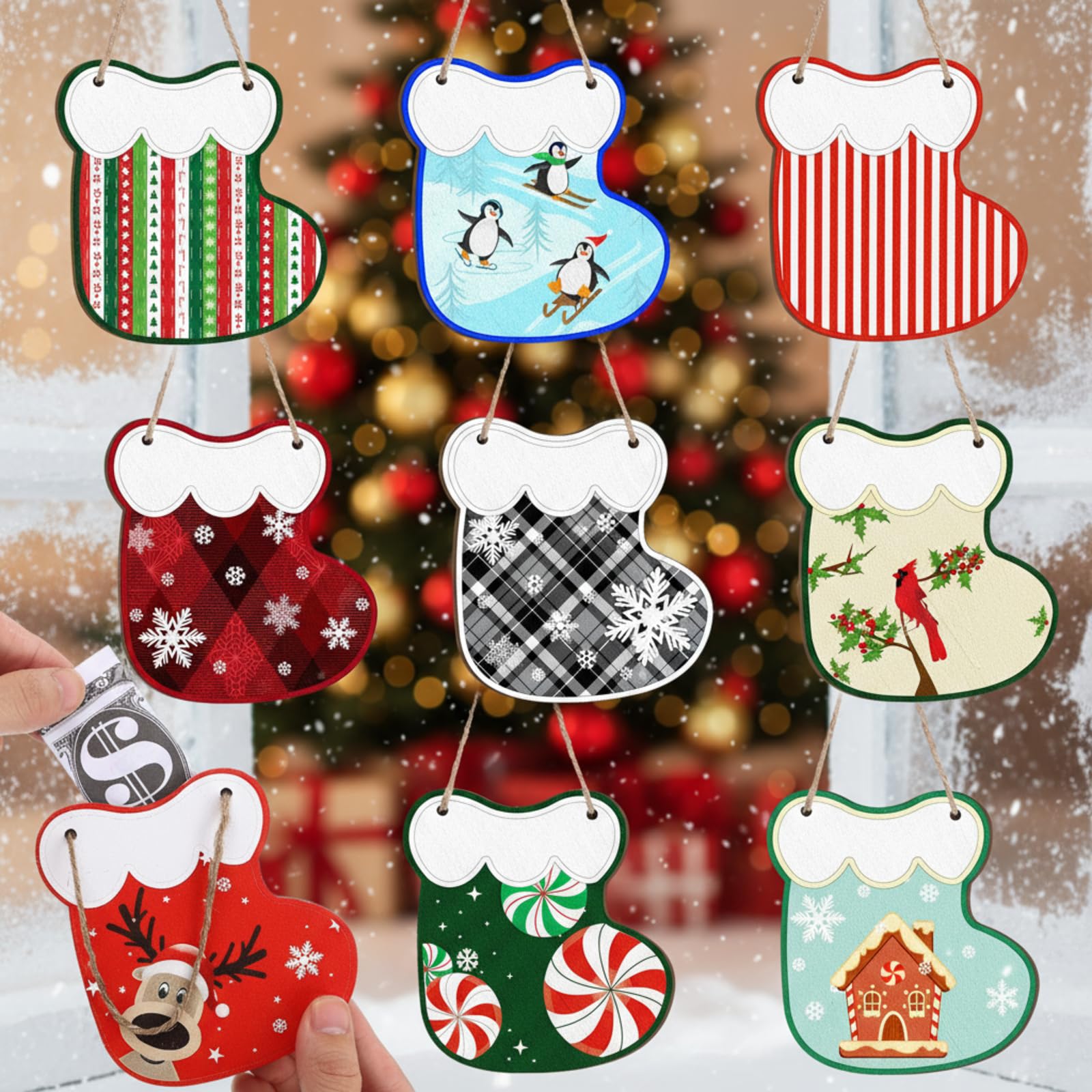 Namalu 9 Pcs Wooden Christmas Money Holder Ornaments DIY Christmas Money Gift Hanging Holder for Cash Gift Socks Design Tree for Holiday Party Tree