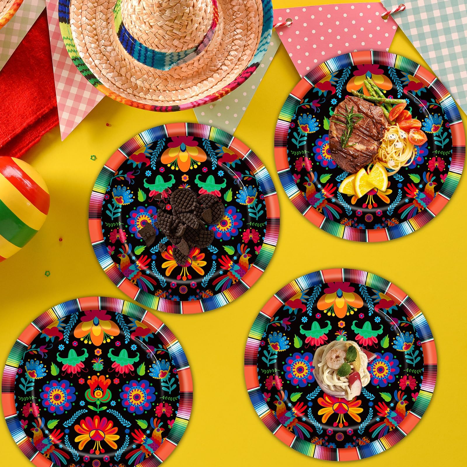 Mexikanische Fiesta-Pappteller, 17,8 cm, Fiesta-Partyteller, Einweg, Mexiko, Mayo, Dessertteller, Dekoration, für Tag der Toten, Dia de Los Muertos, Taco, Tanz, Pinata, buntes Ponchos, Abendessen