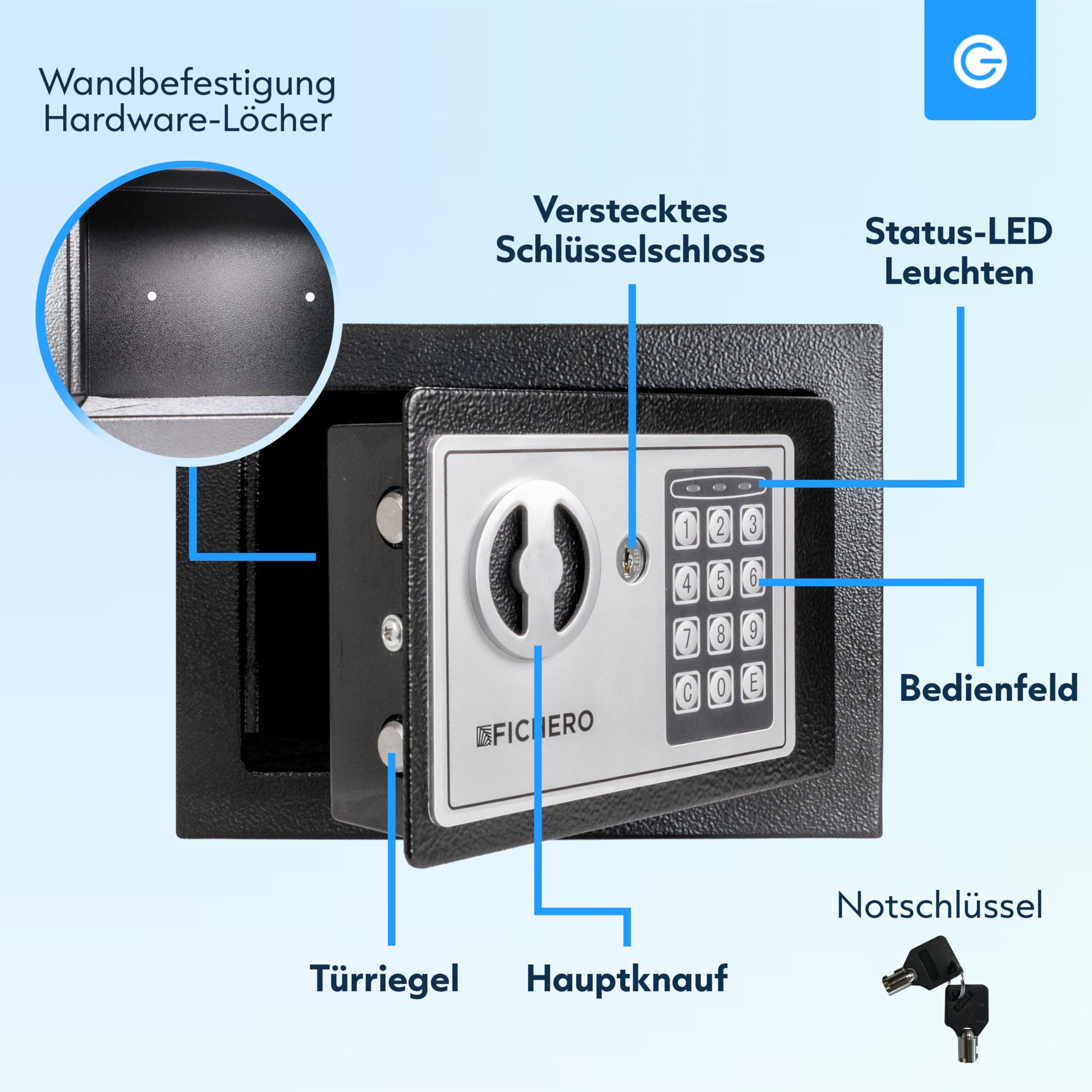Silvergear® Tresor für Zuhause | Elektronischer Safe Tresor mit Zahlenschloss | Möbeltresor für Bargeld, Schmuck, Ausweise, Dokumente | Geldtresor aus Stahl, 2 Schlüsseln & Code | 17x23x17cm | Schwarz