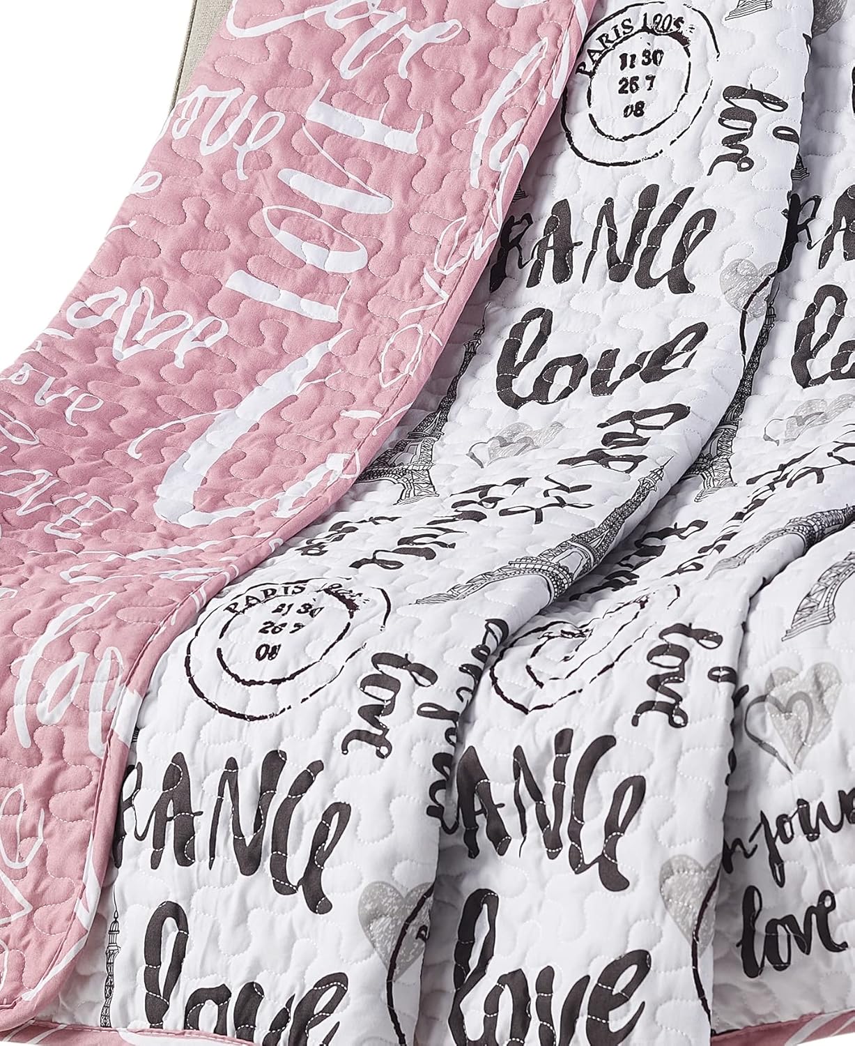 Quilt Set, Bonjour Paris Eiffel Tower Quilt, Queen Size, 4-Piece Set Includes 1 Quilt, 1 Sham and 2 Pillows, 50% Cotton / 50% Polyester |Reversible and Lightweight, Pink & White