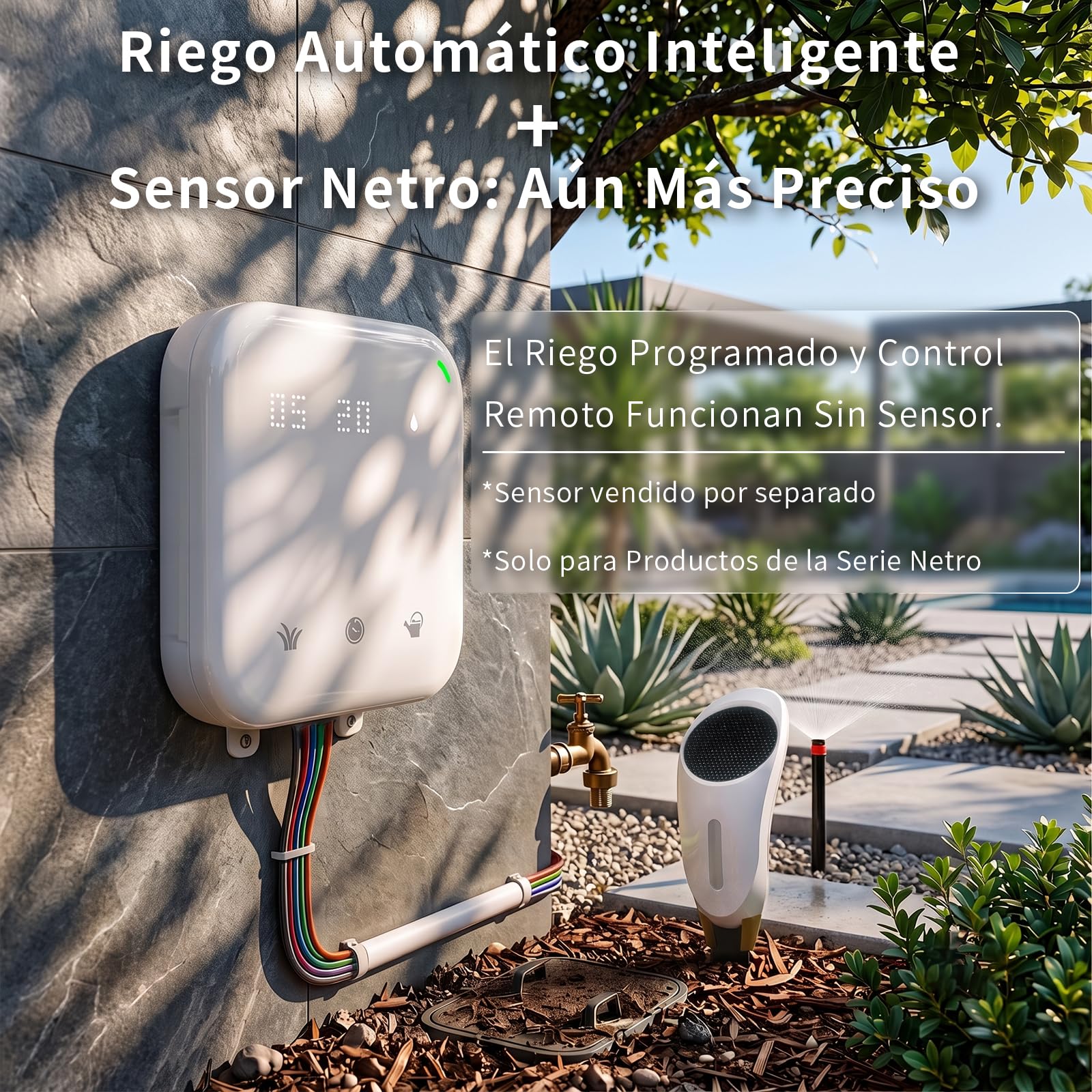 Netro Spark 16Zone Botones Touch Programador Riego WiFi Para Césped Con App | Serv Meteorol, Datos de Plantas,‌ Programa de Riego, Salto Lluvia, Riego Automático con Sensor Netro, Historial‌,Uso Interior