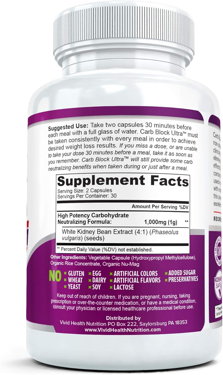 Carb Block Ultra White Kidney Bean Extract Carb Blocker for Diet and Weight Loss | Most Powerful Keto Diet Cheat Pills to Metabolize Fat for Women and Men, 60 Veggie Capsules : Health & Household