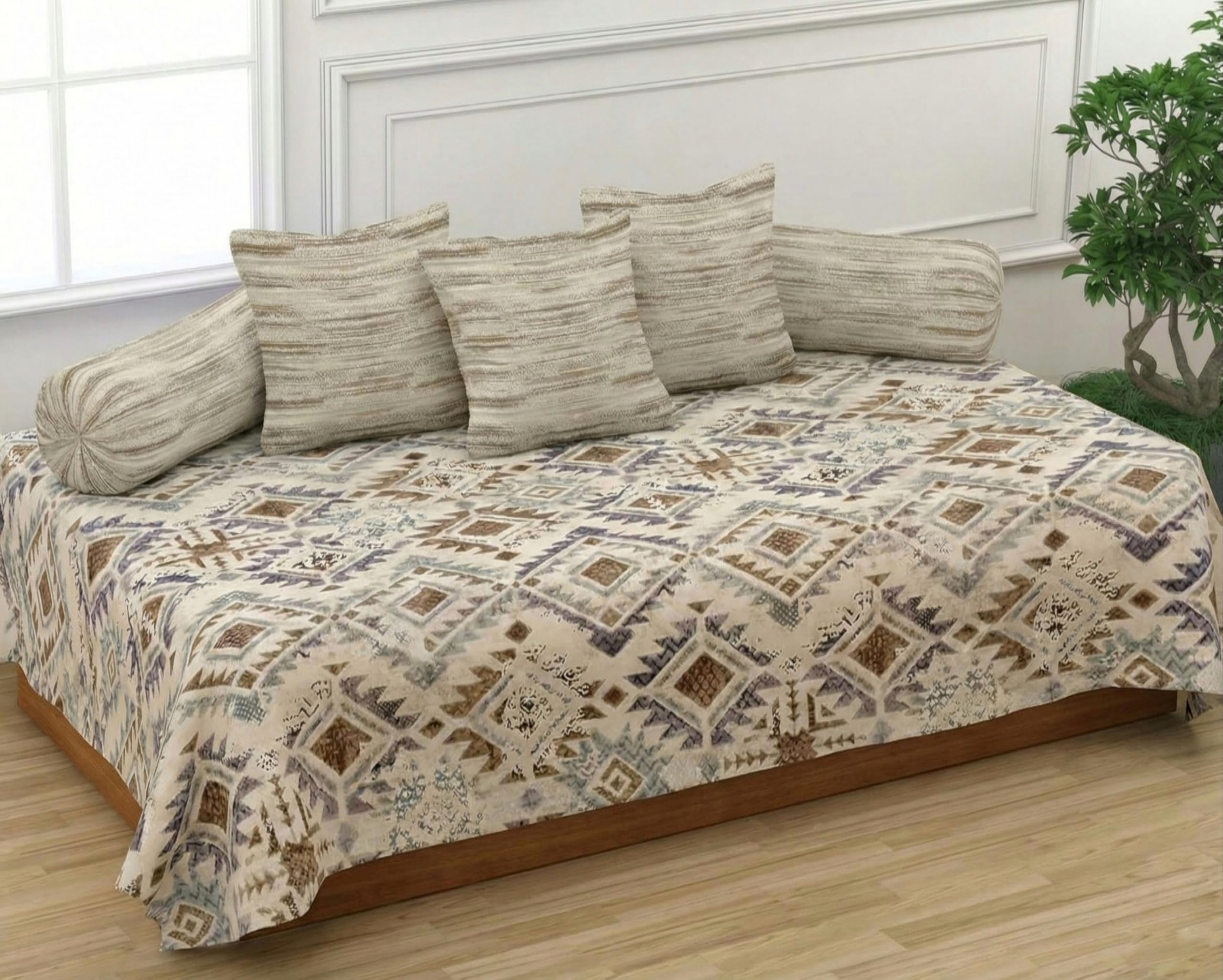 TRANCE Home Linen 180TC Diwan Set 100% Cotton 6 Pc | Deewan Printed Bedsheet Sets (Set of 6 Pc, 1-Bed Sheet 54x88 Inch | 2-Bolster Cover 16x32 Inch | 3-Cushion Cover 16x16 in) - Mosaic Taupe-image-24