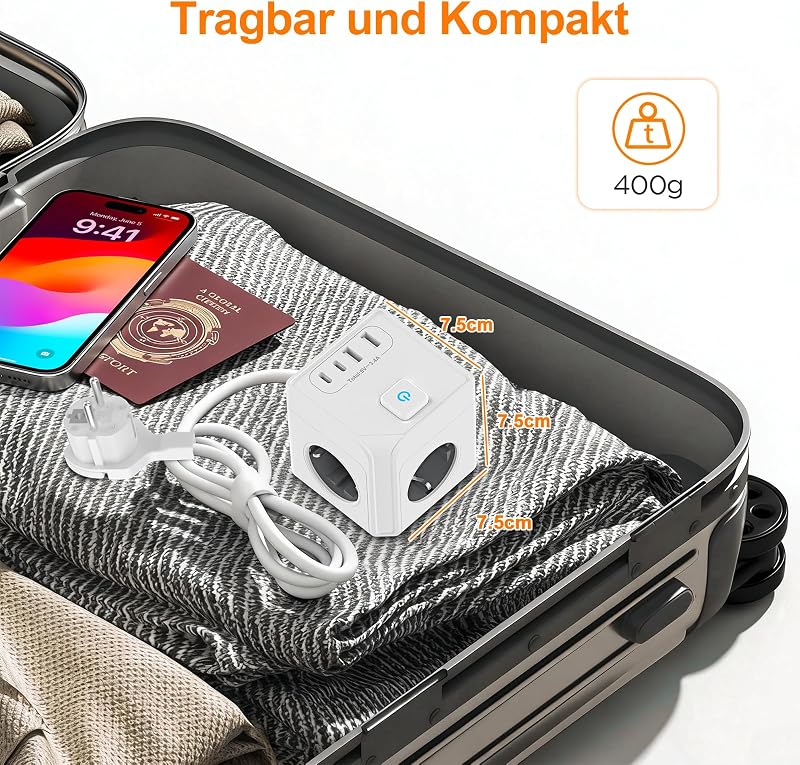Cub prelungitor EROIZNY cu 3 prize, încărcător USB-C cu 2 porturi USB-C și 2 porturi USB-A, cu întrerupător, cablu de 2 m, ștecher plat magnetic, alb, pentru telefoane