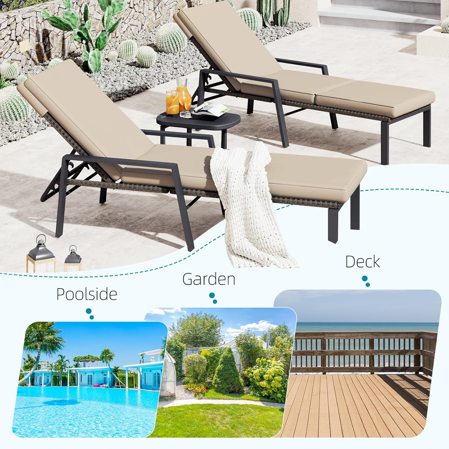 AECOJOY Chaise Lounge Chairs for Outdoor, Lounge Chairs Set of 2, Adjustable PE Rattan Wicker Patio Pool Lounge Chair with Cushion and Wheels for Backyard Deck Porch Garden, Brown Rattan&Khaki Cushion
