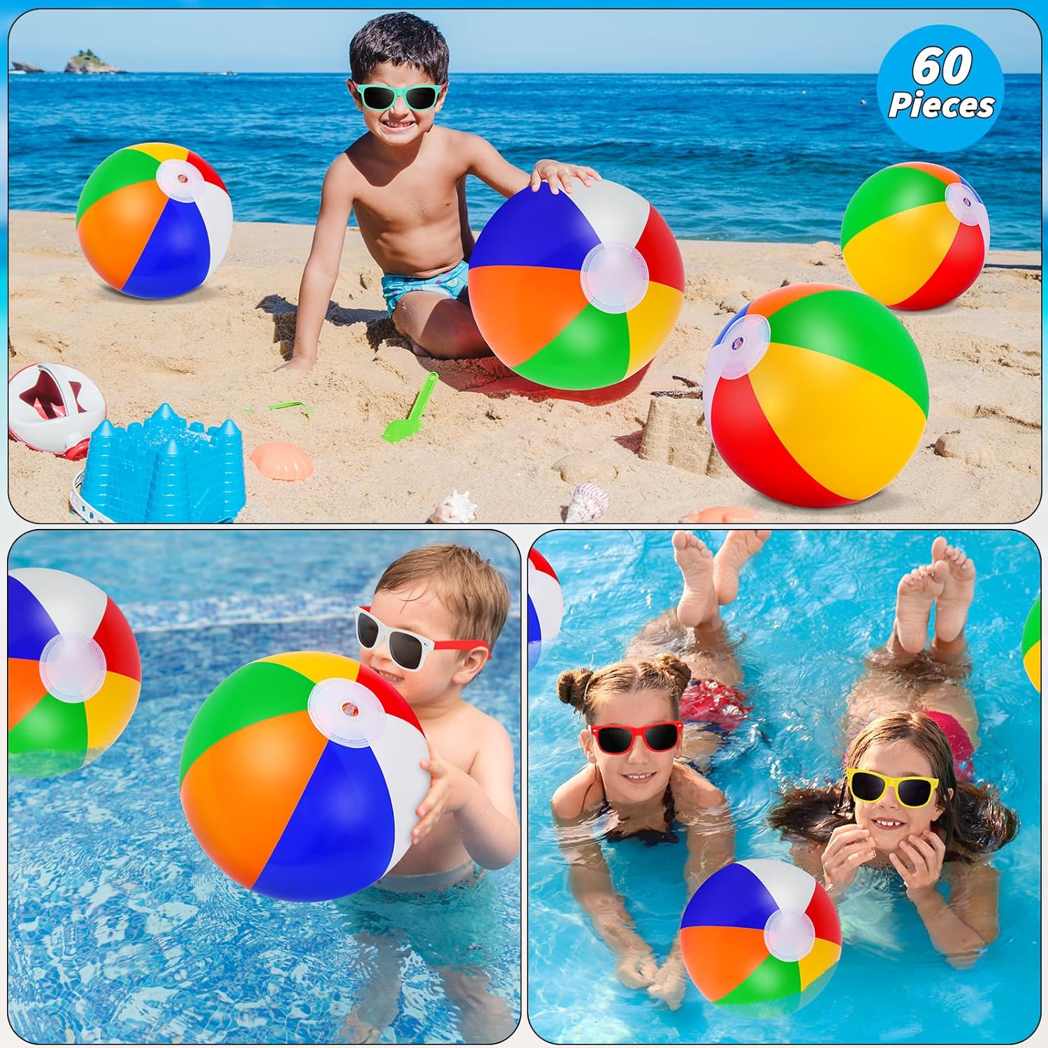 61 Pcs Kids Summer Beach Party Favors Sets- Includes 30 Inflatable Beach Balls Bulk, 30 Neon Sunglasses Bulk, Rainbow Colored Beach Ball Summer Pool Party Toys for Water Games Hawaiian Party