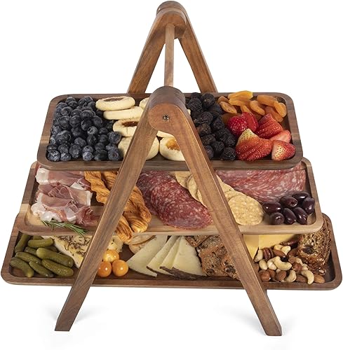 Miniatura 9 de PICNIC TIME TOSCANA - Escalera de servicio de 3 niveles, soporte de madera para charcutería con tablas de queso extraíbles, bandeja plegable de