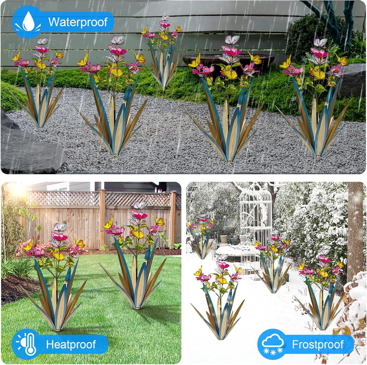 TOMBABY Garden Outdoor Butterfly Enlarge Thickened Wind Resistant Metal Agave Garden Art Metal Plant Country Sculpture Statue Decorations Ornaments Artificial Waterproof Butterflies(Blue 2pcs)