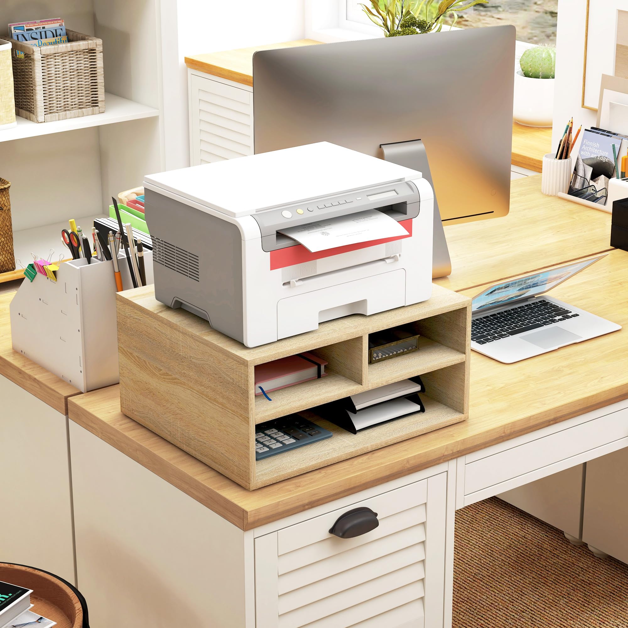 HOMCOM Supporto per stampante per scatola da ufficio, mobile da ufficio, con 3 scomparti, organizer da ufficio, 47 x 40 x 22,5 cm, effetto legno naturale