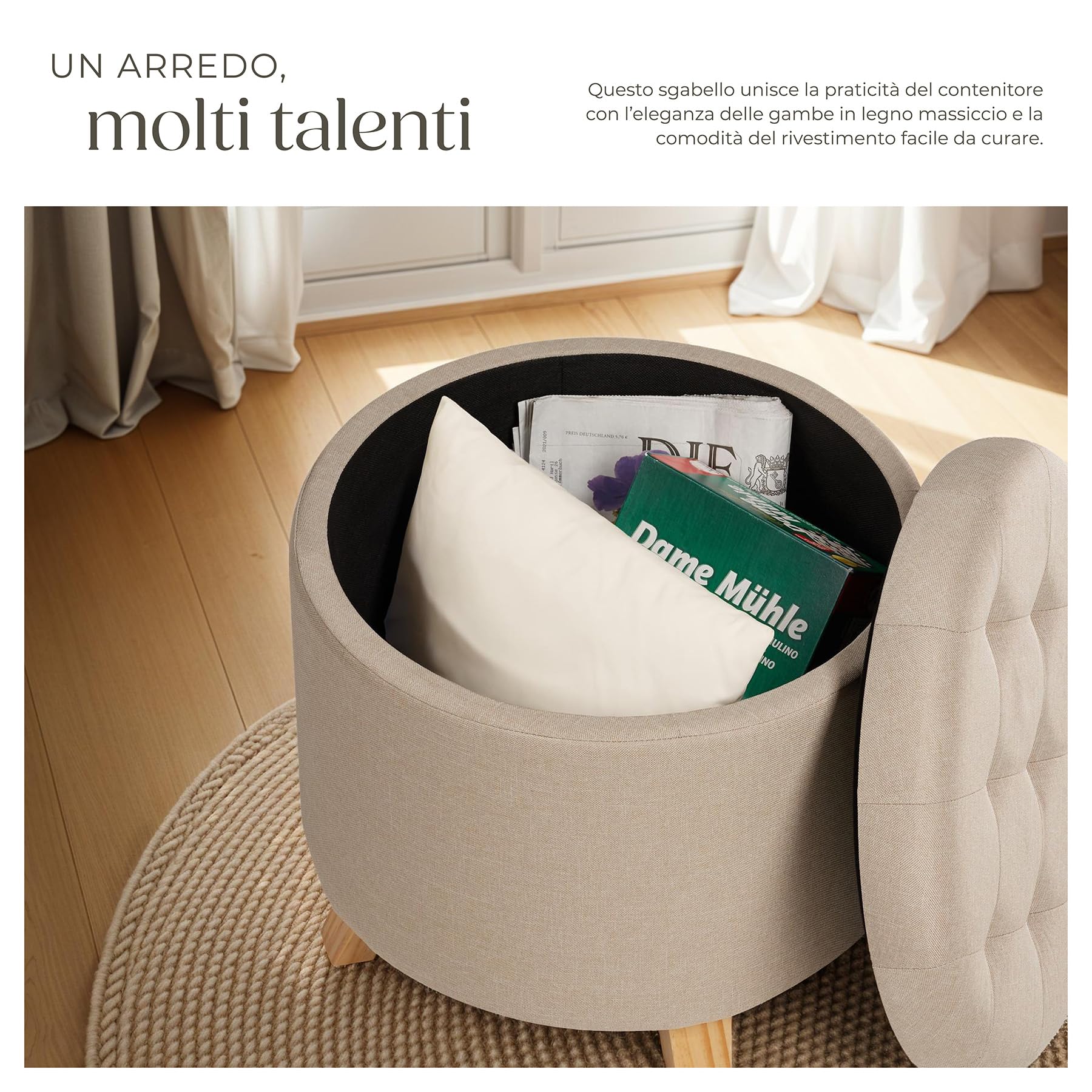 tectake® Sgabello Rotondo in Lino, Pouf Contenitore con Grande Scomparto, Gambe in Legno Massiccio, Capacità di Carico 150 Kg, Ø 44,5 cm, 41,5 cm di Altezza - Sabbia