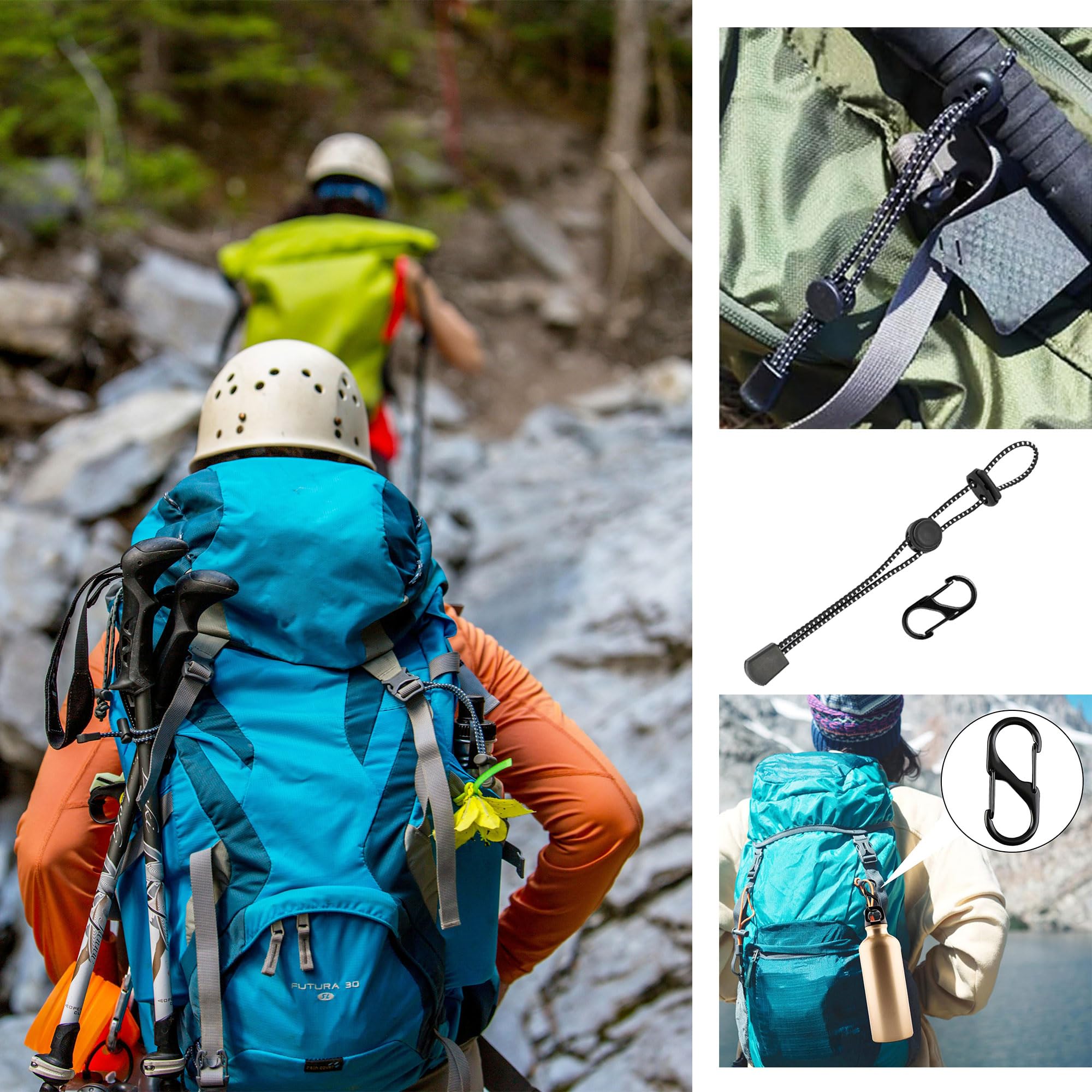 8 szt. Elastyczna lina do kijków trekkingowych, czarny plecak na kije piesze, elastyczna linka, 8 sztuk 40 mm karabińczyk w kształcie litery S, małe karabinki, do kijków trekkingowych