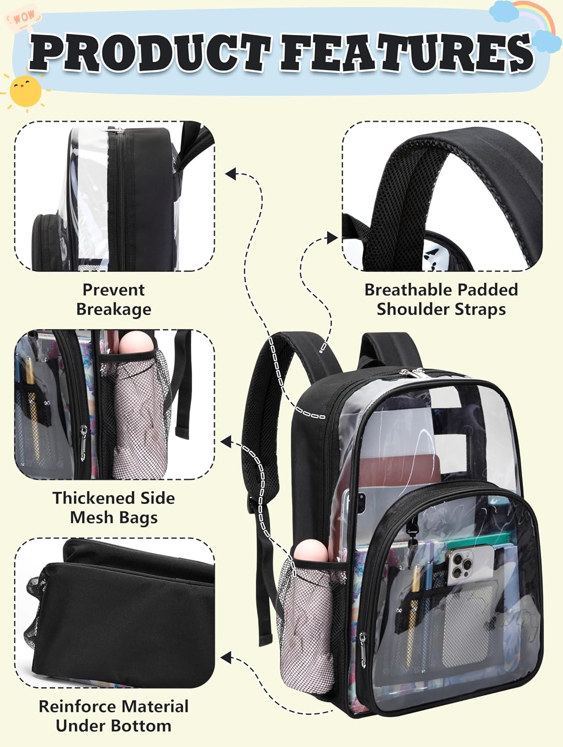 BLUEFAIRY Clear Backpack for School 17 Inch Stadium Approved Transparent Backpack for Boys Girls Kids Heavy Duty PVC Large See Through Bag for Travel Work Events Mochilas Escolares para Niños (Black)