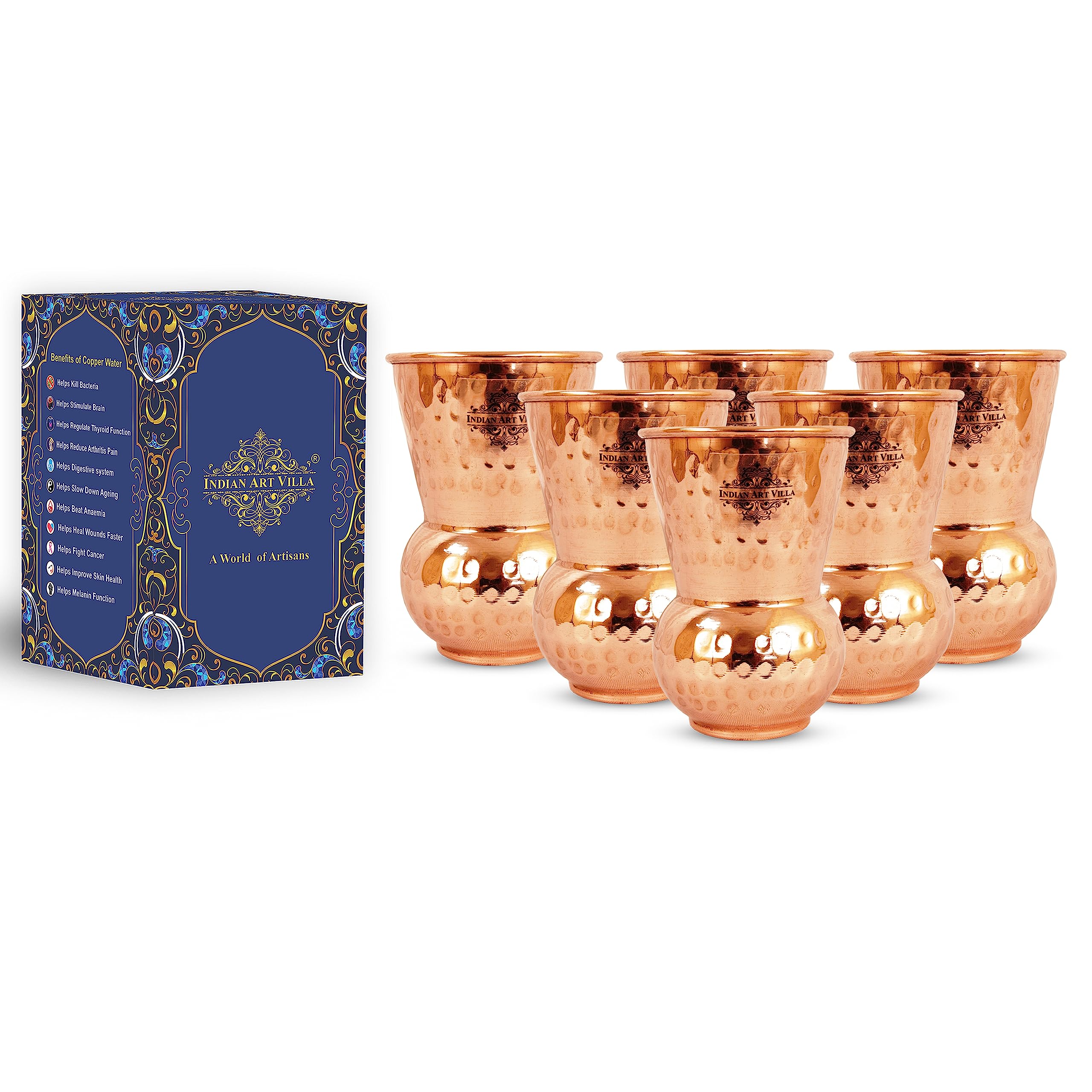 Indian Art Villa Copper Glass Tumbler With Hammered Shine Design Brown Color Drinkware, Volume-10 Oz, Set of 6