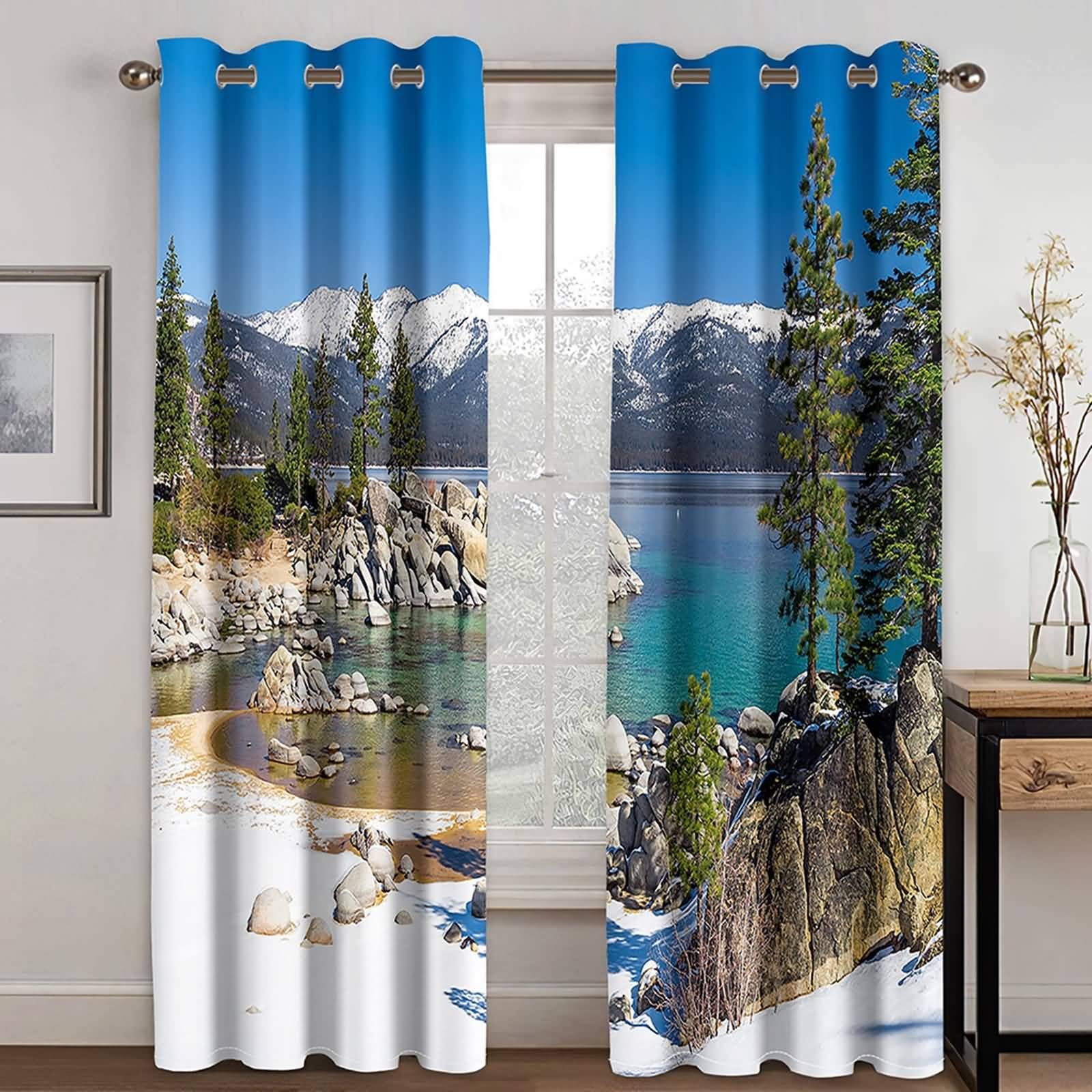 Verdunklungsvorhänge mit Ösen, 234x244cm Blau Grün Bergsee Naturlandschaft Vorhang für Schlafzimmer und Wohnzimmer