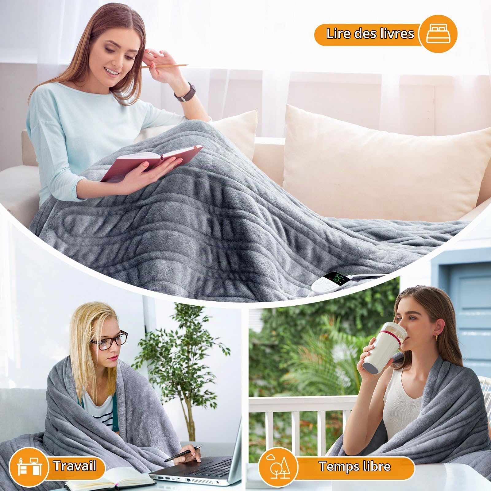 Couverture Chauffante Electrique 180x150cm, Flanelle Plaid Chauffant Électrique avec Affichage LCD, 5 Réglages de Temps, 6 Niveaux de Chauffage, Chauffage Rapide, Lavable en Machine