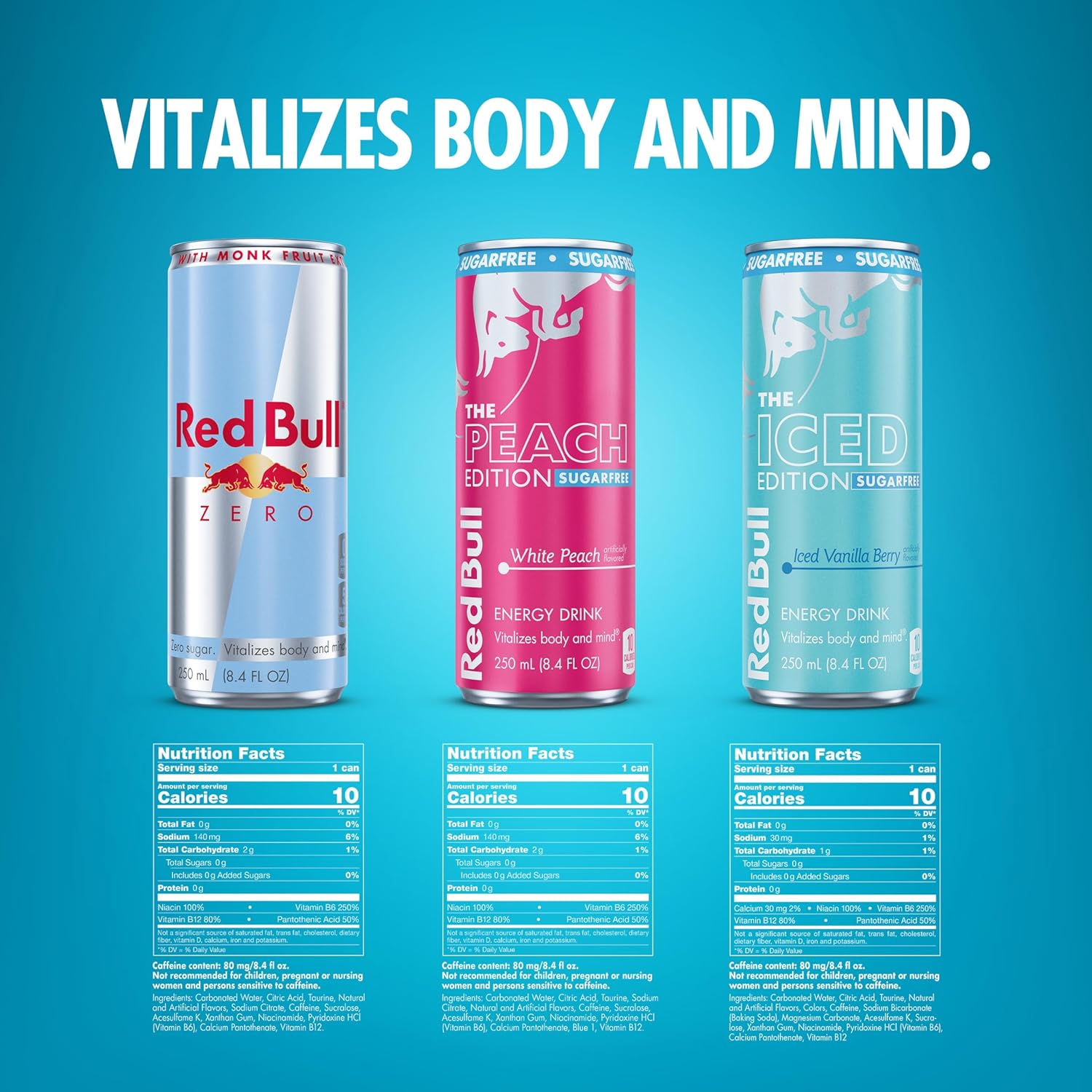 Red Bull Zero Sugar Variety Pack, Zero Energy Drink, Iced Vanilla Berry, & White Peach, 8.4 Fl Oz, 12 Cans (2 Packs of 12)