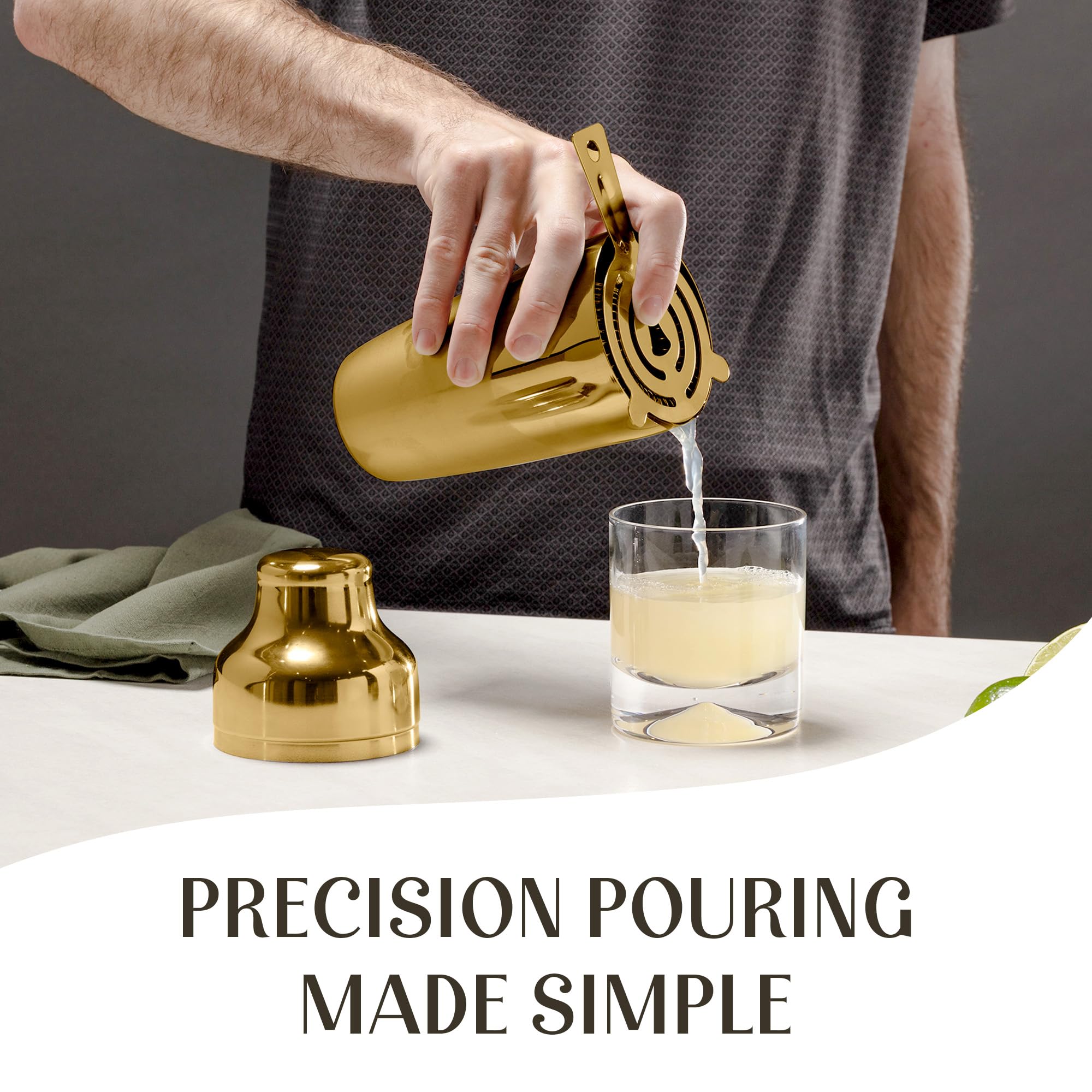 Mixology Bartender Kit con supporto | Oro con supporto in legno di pino, set shaker per cocktail - Strumenti da bar: shaker Martini, Jigger, colino, cucchiaio, pinze, apri | Nuova idea regalo per