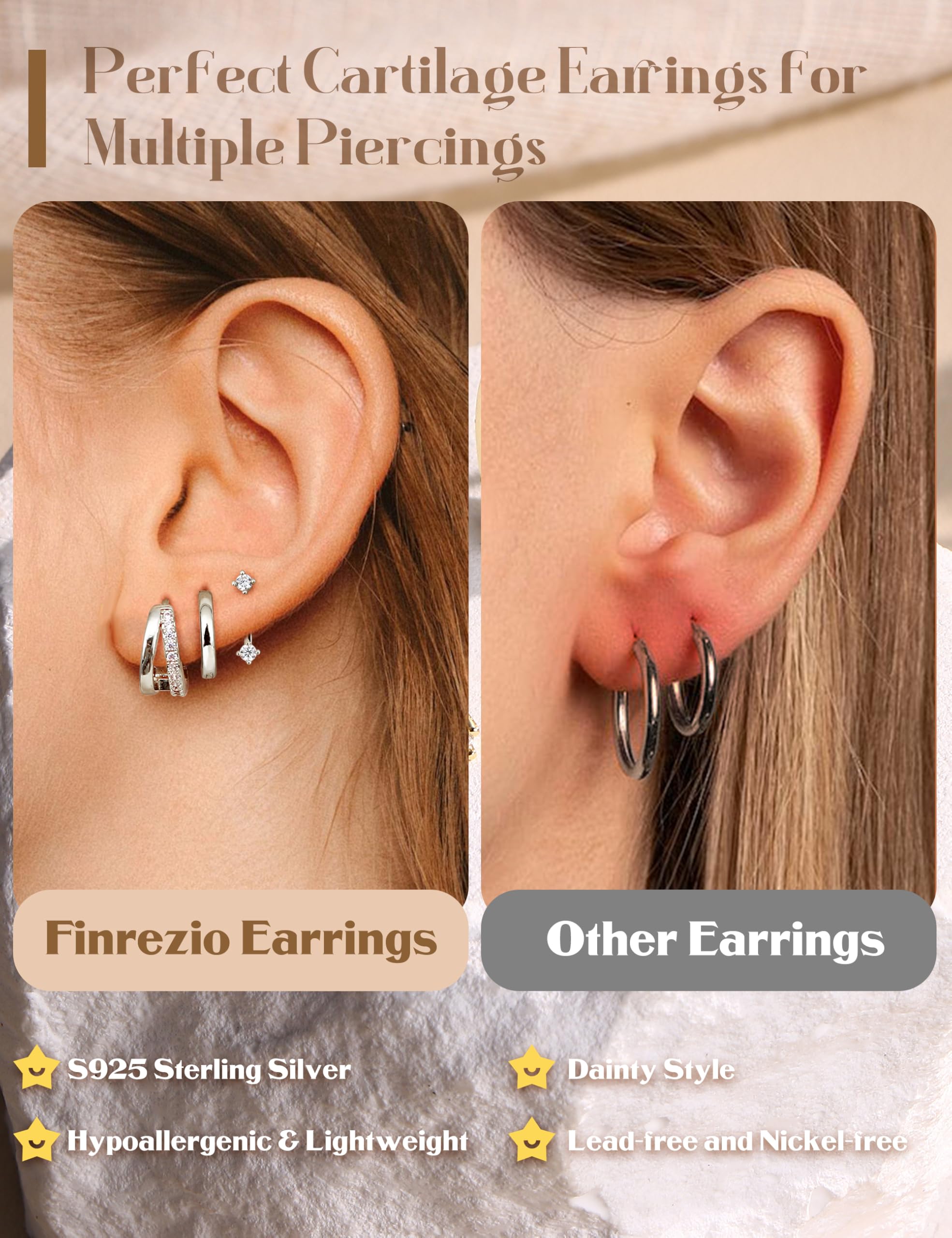 Finrezio 3 Paia Orecchini Cerchio Donna Argento 925 Oro Placcato 14K Huggie Piccoli Orecchini a Bottone Set Anallergici Orecchini a Cerchio Set per Piercing Multipli Argento/Oro