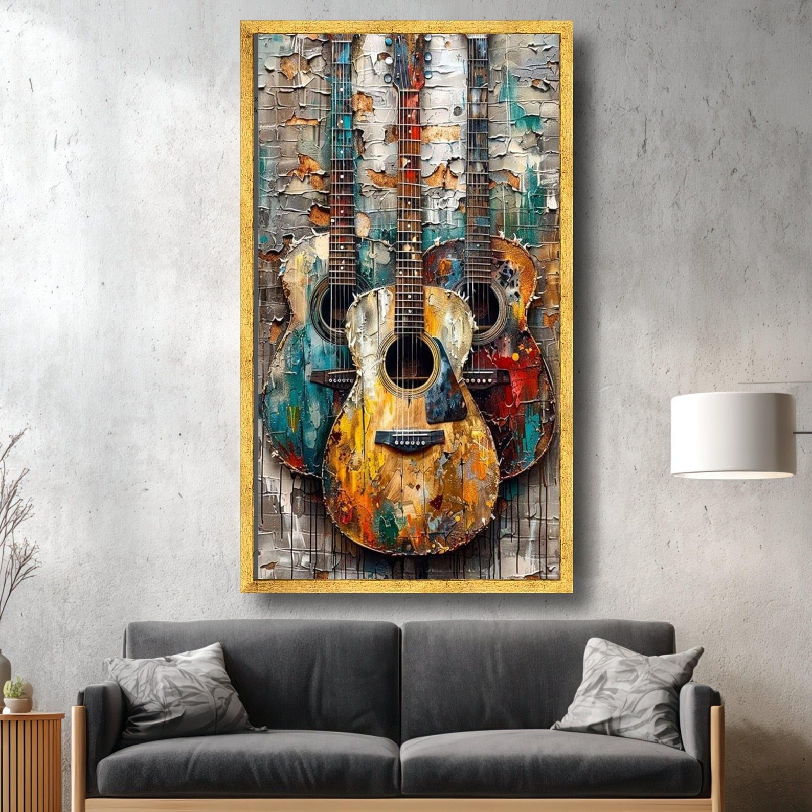 XINBAO Obraz na płótnie vintage gitary, abstrakcyjny obraz instrumentu muzycznego, dekoracja z rustykalną teksturą, sztuka o tematyce rockowej (60 x 105 cm/bez ramki)