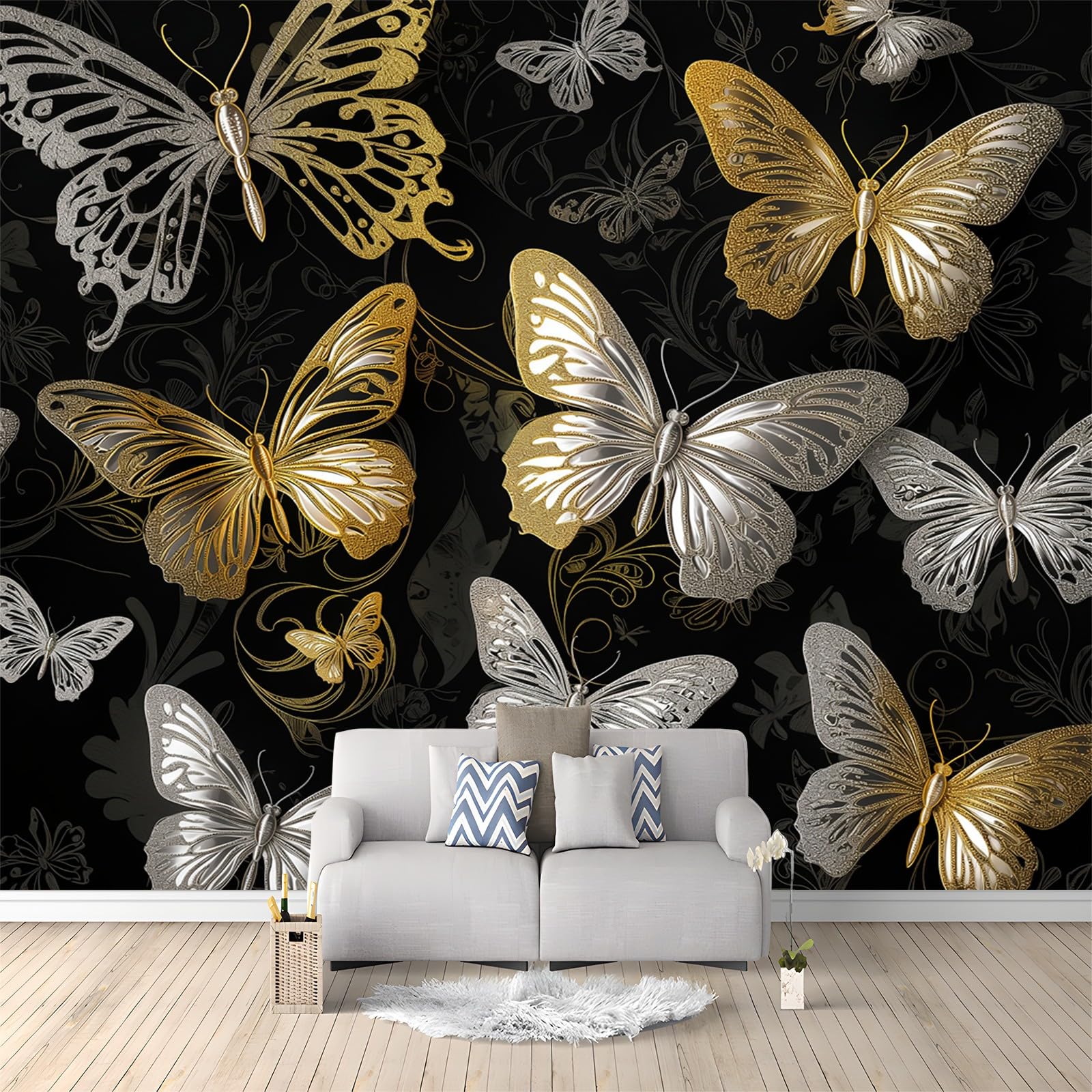 Carta da parati Carta da parati fotografica Decorazione Farfalla D'oro E D'argento TNT Premium Stampa artistica Poster Design Moderno 300 x 210 cm Fotomurale per Soggiorno Camera da letto