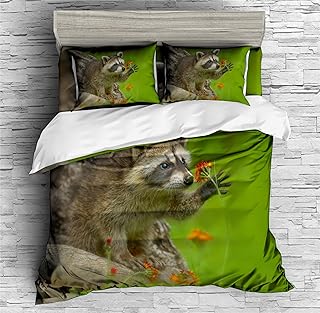 REALIN Raccoon Duvet Cover Set Baby Raccoon Small Animal Jungle Bedding Girl Boy Kids Bed Sets 2/3/4PCS Quilt Covers/Sheets/Pillow Shams,Twin/Full/Queen/King (A,Twin-172x218cm-4PCS)