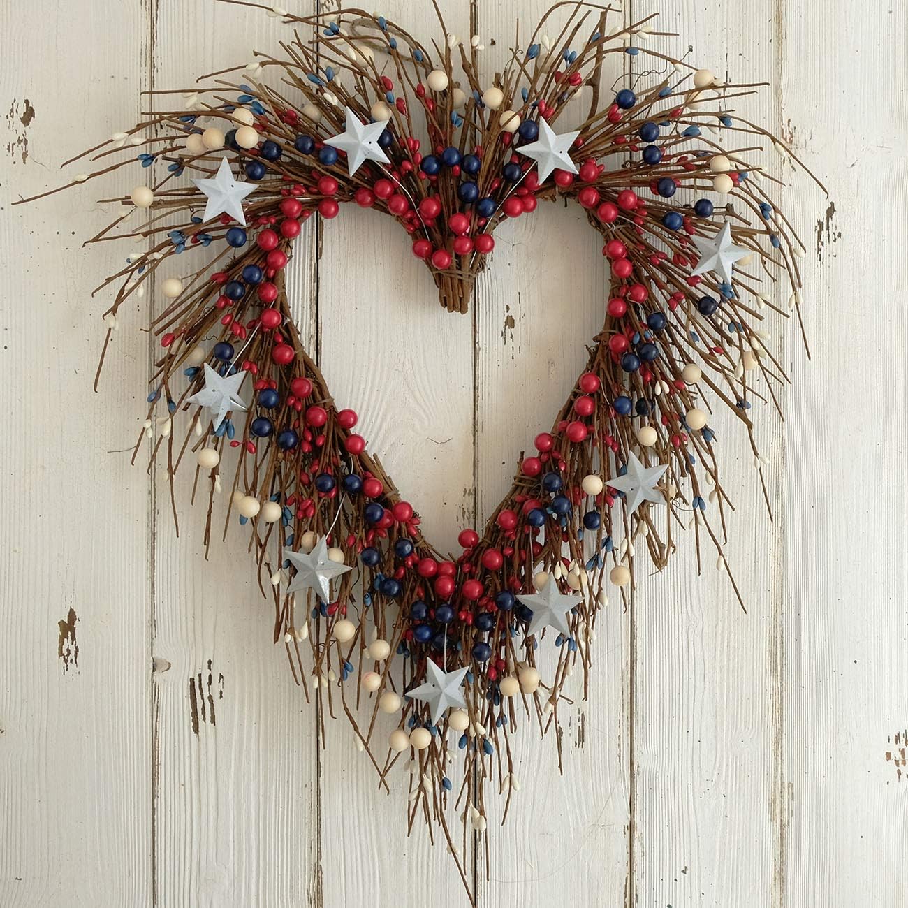 Idyllic Heart-Shaped Wreath with Red Blue Berry and White Star Americana Door Wreath 4th of July Decoration - Image 7