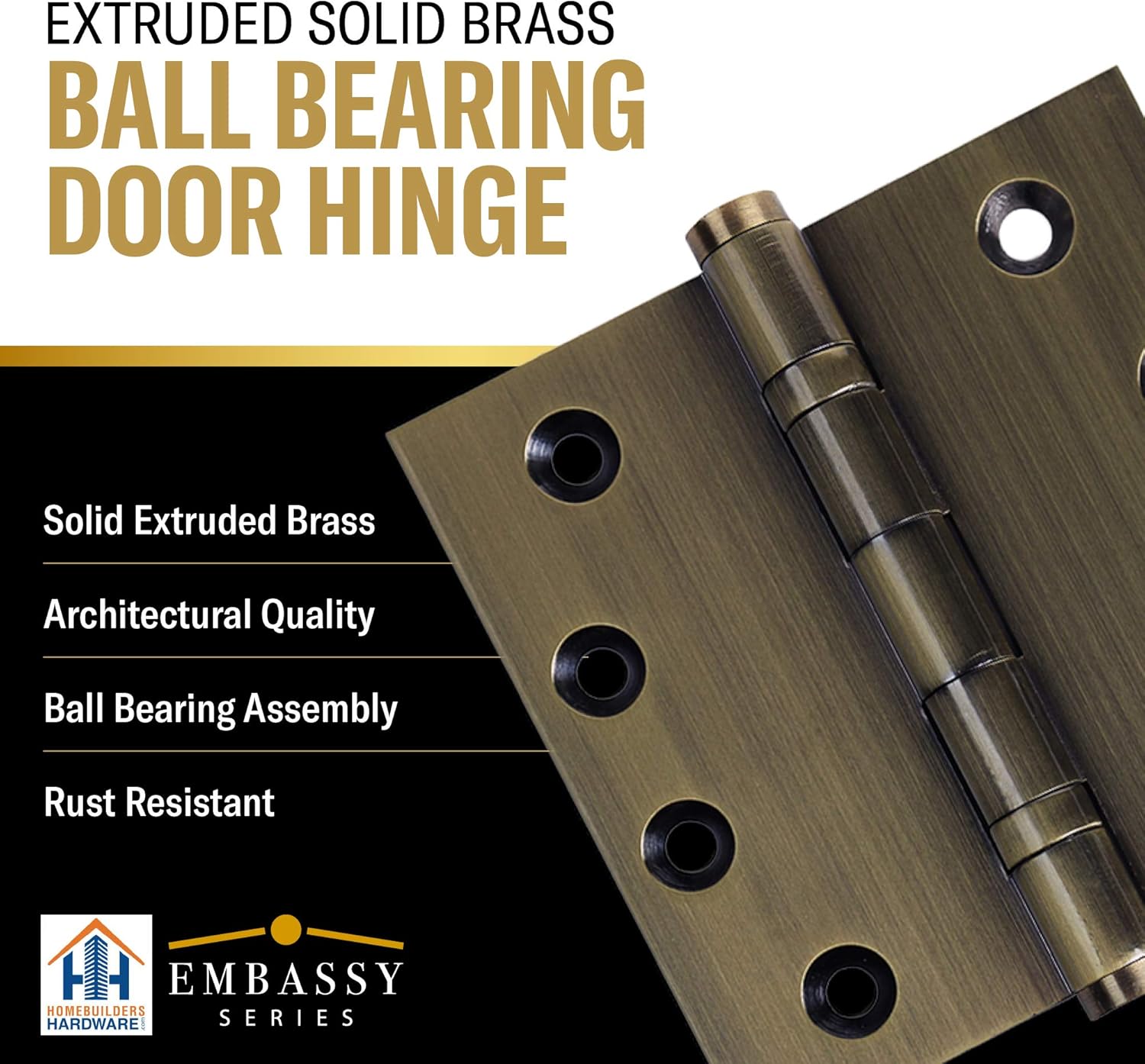 EMBASSY Door Hinge Solid Brass - 3.5 x 3.5 Inch, Heavy Duty, Antique Brass, Ball Bearings, Rust Resistant Pin, Architectural Designer Grade, Home Improvement, 2 Pack