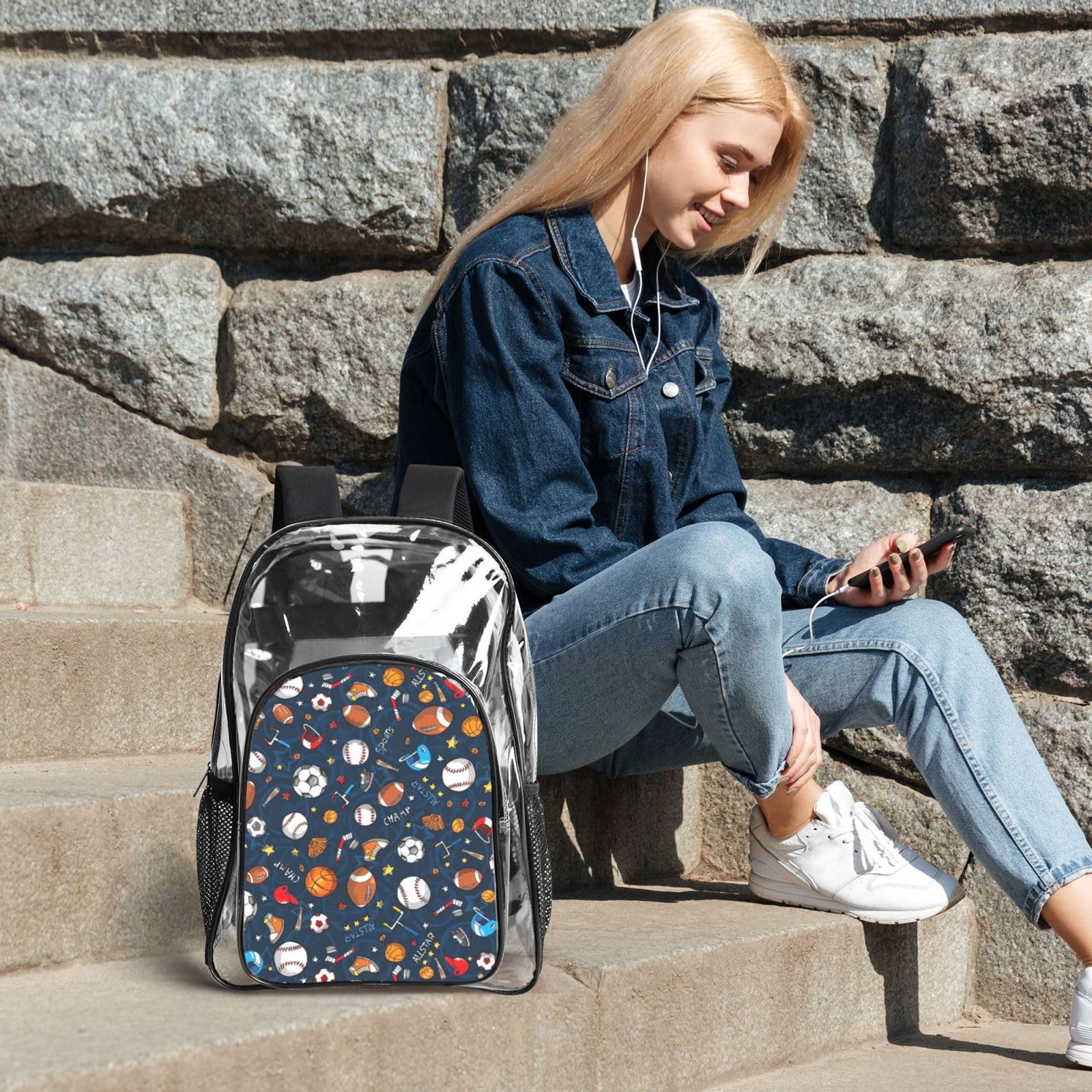 Juego de 3 bolsas transparentes con estampado de juego de béisbol deportivo para niños, bolsa transparente con bolsa de almuerzo aislada incluida