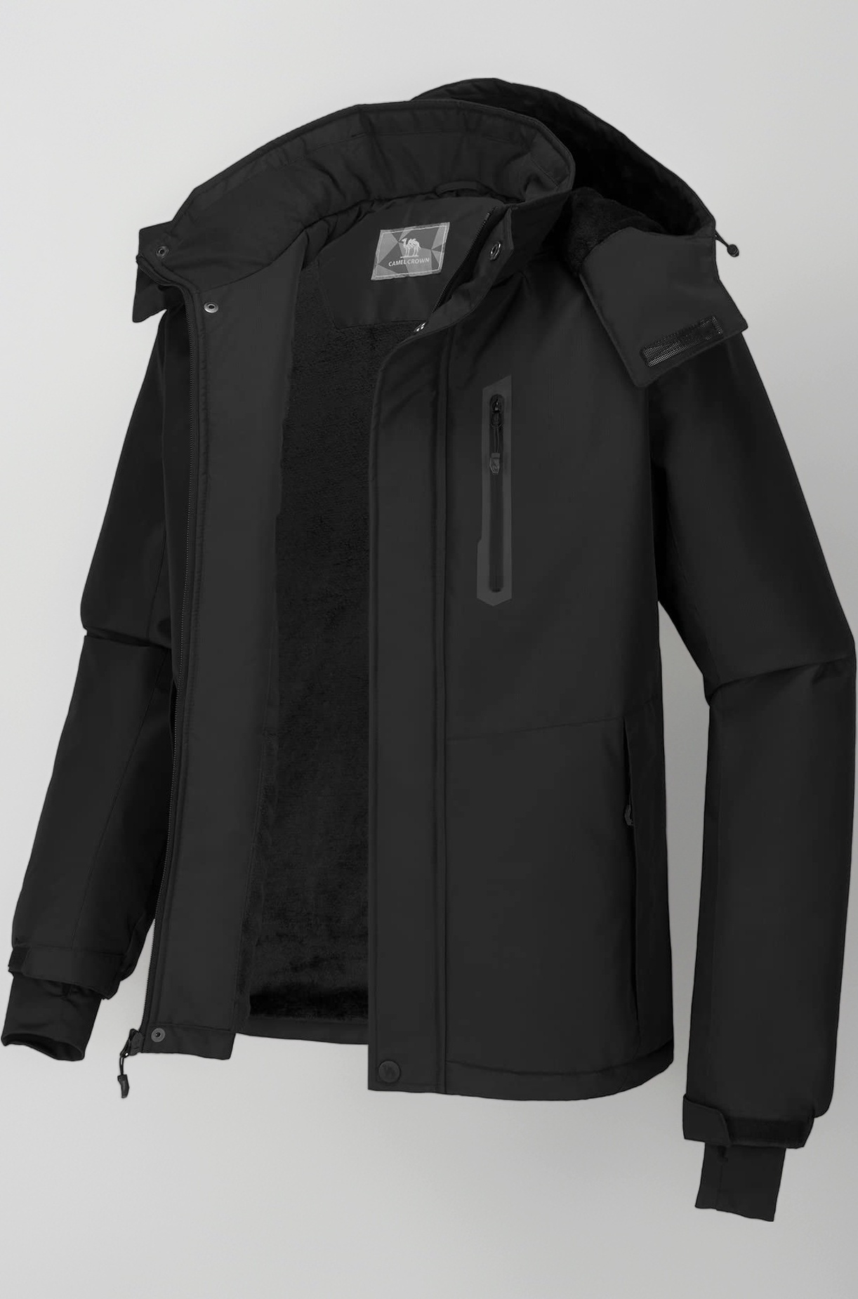 CAMEL CROWN Men's Mountain Snow Waterproof Ski Jacket Detachable Hood Windproof Fleece Parka Rain Jacket Winter Coat, Black, Small