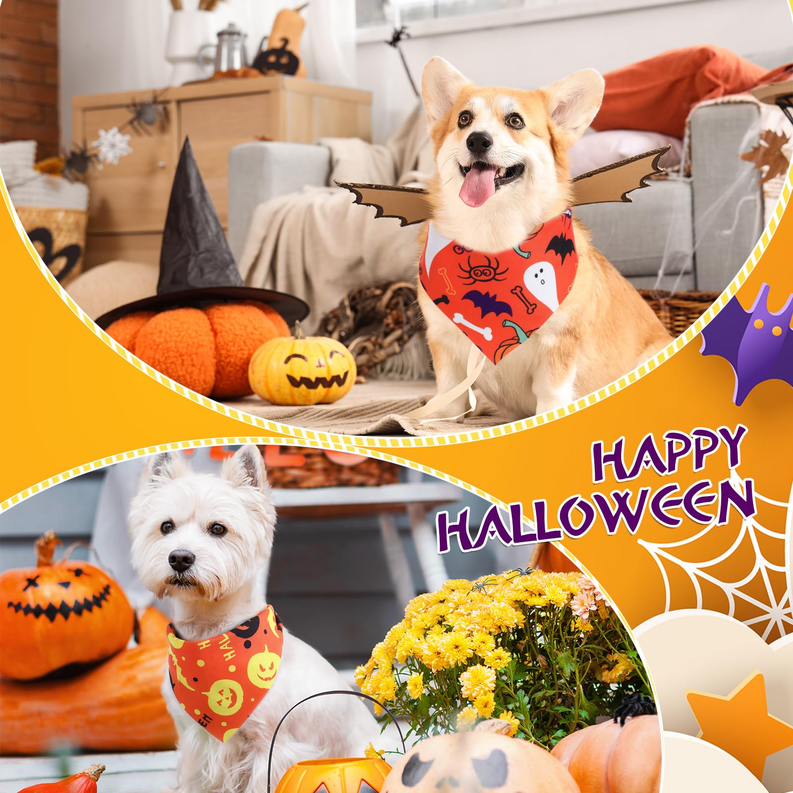 Abbylike Bandany dla psów na Halloween, masowe, bandany na Halloween, dla psów, trójkątny zestaw chustek, śliniaki, szalik z wzorami dyni, akcesoria do kostiumu dla zwierząt domowych, dekoracja, 40 x