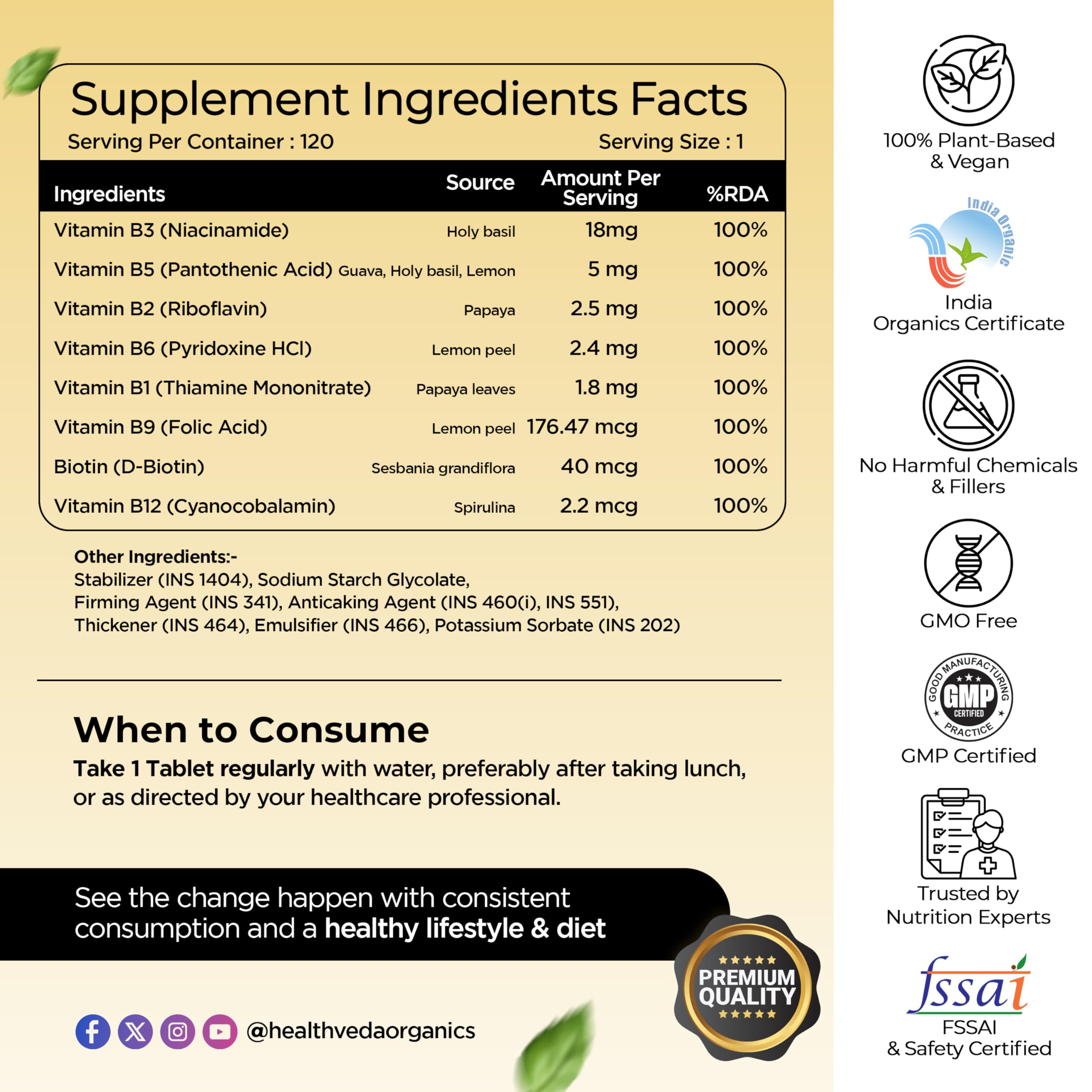 Health Veda Organics Vitamin B-Complex Supplement - 100% RDA for B Vitamins with B1, B2, B3, B5, B6, B7, B9 & Vitamin B12 | For Both Men and Women - 120 Vegan Tablets — Amazon image 2
